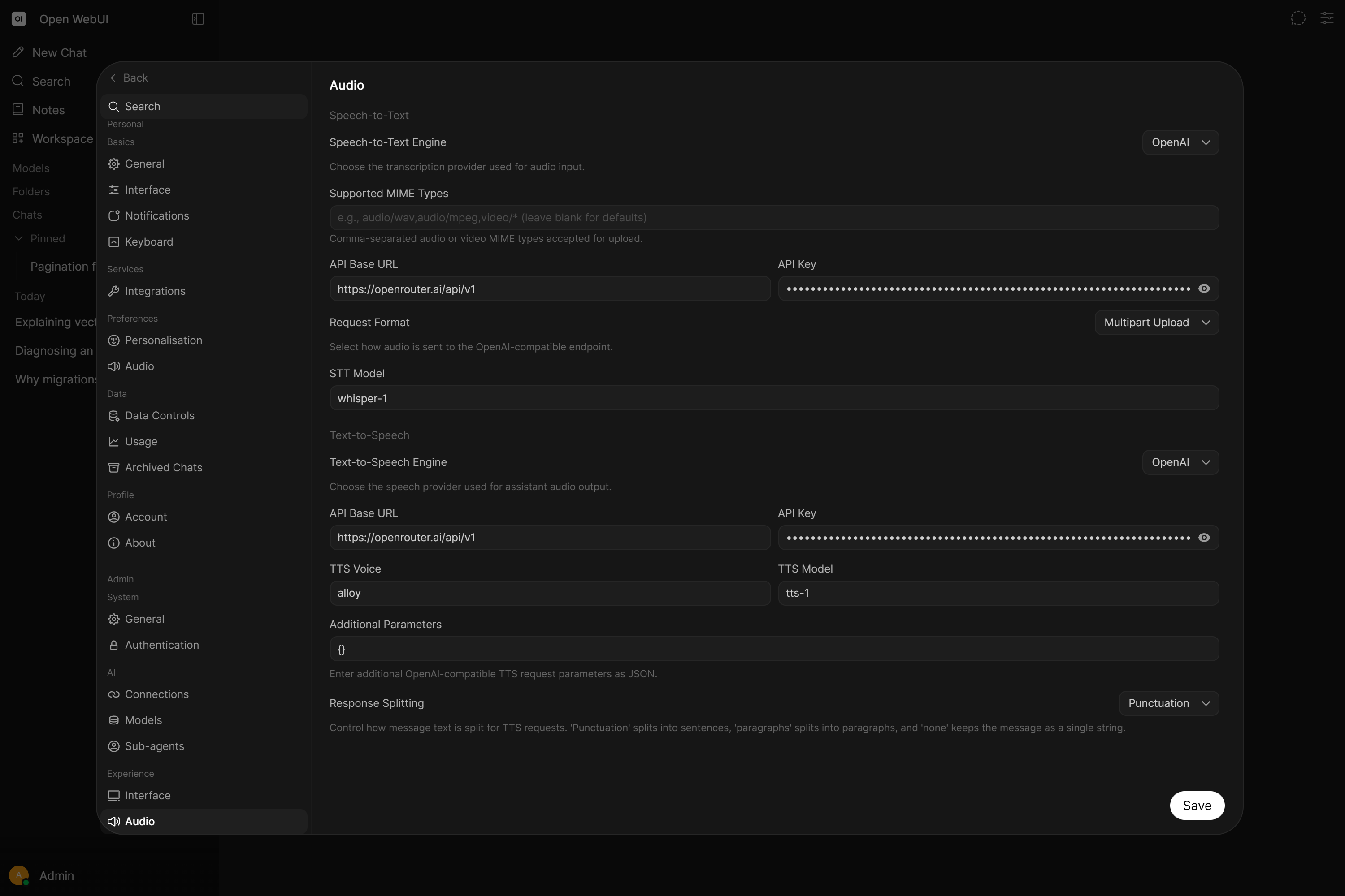 Speech to text and text to speech settings