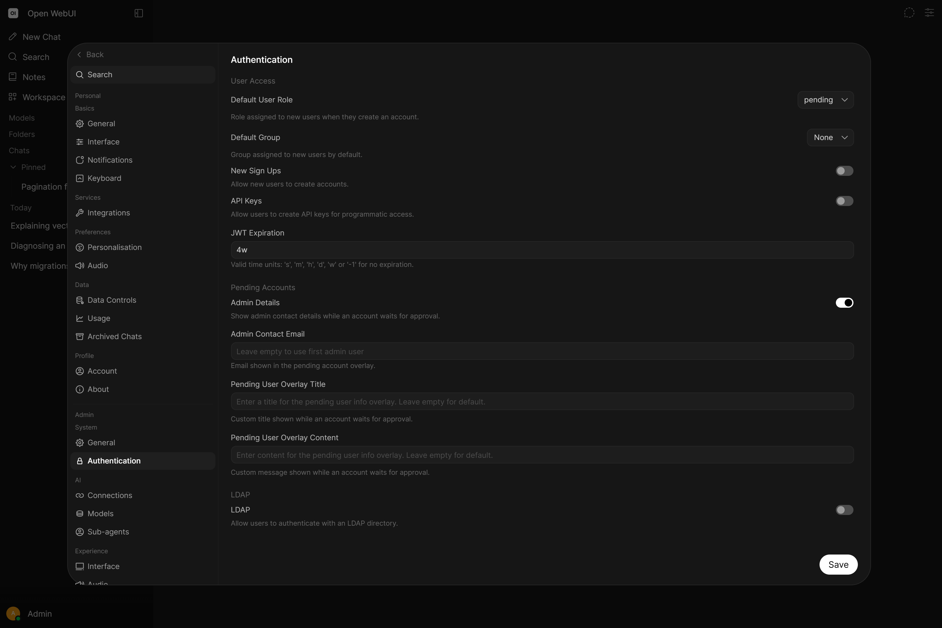Authentication settings in the admin panel