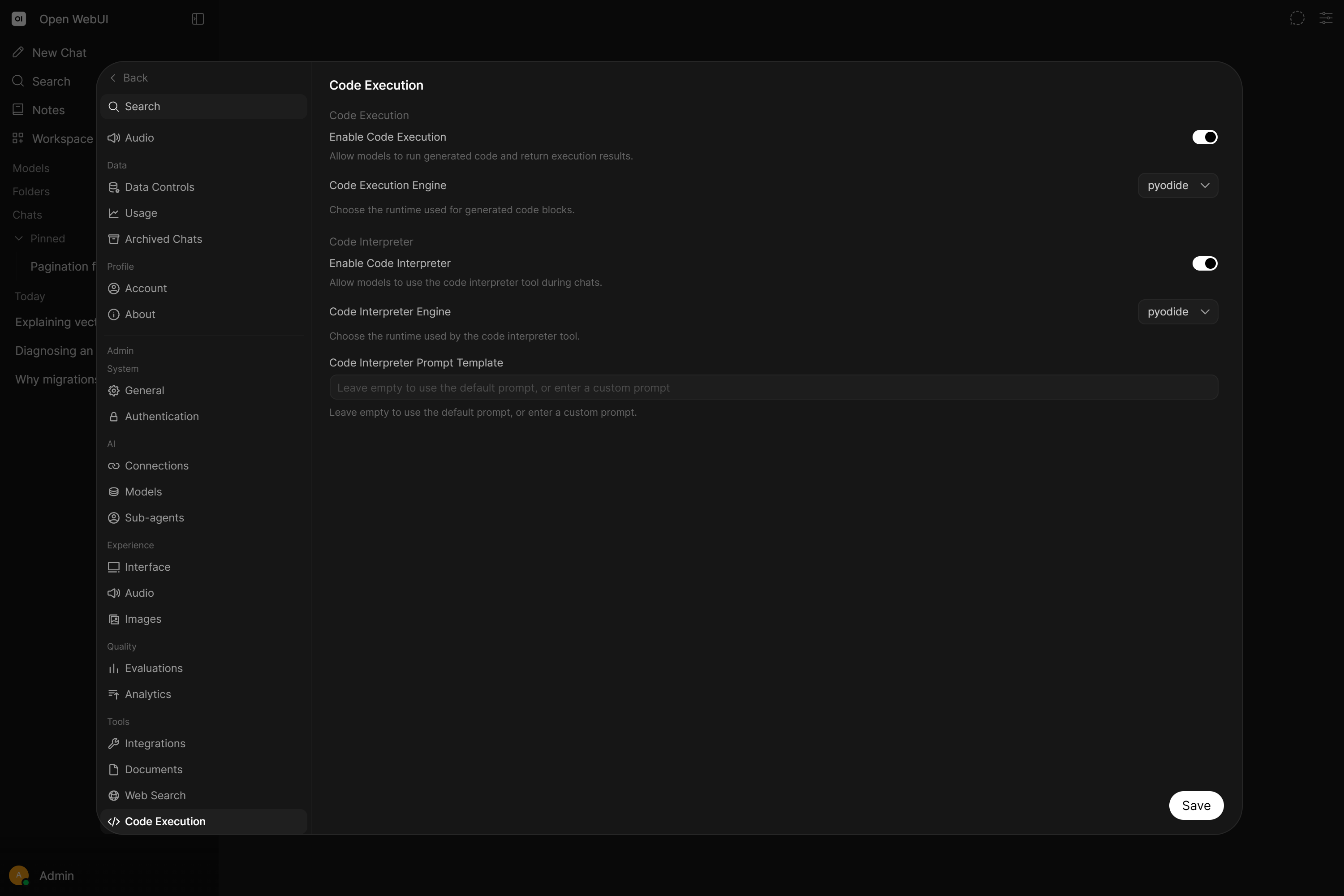 Code execution settings