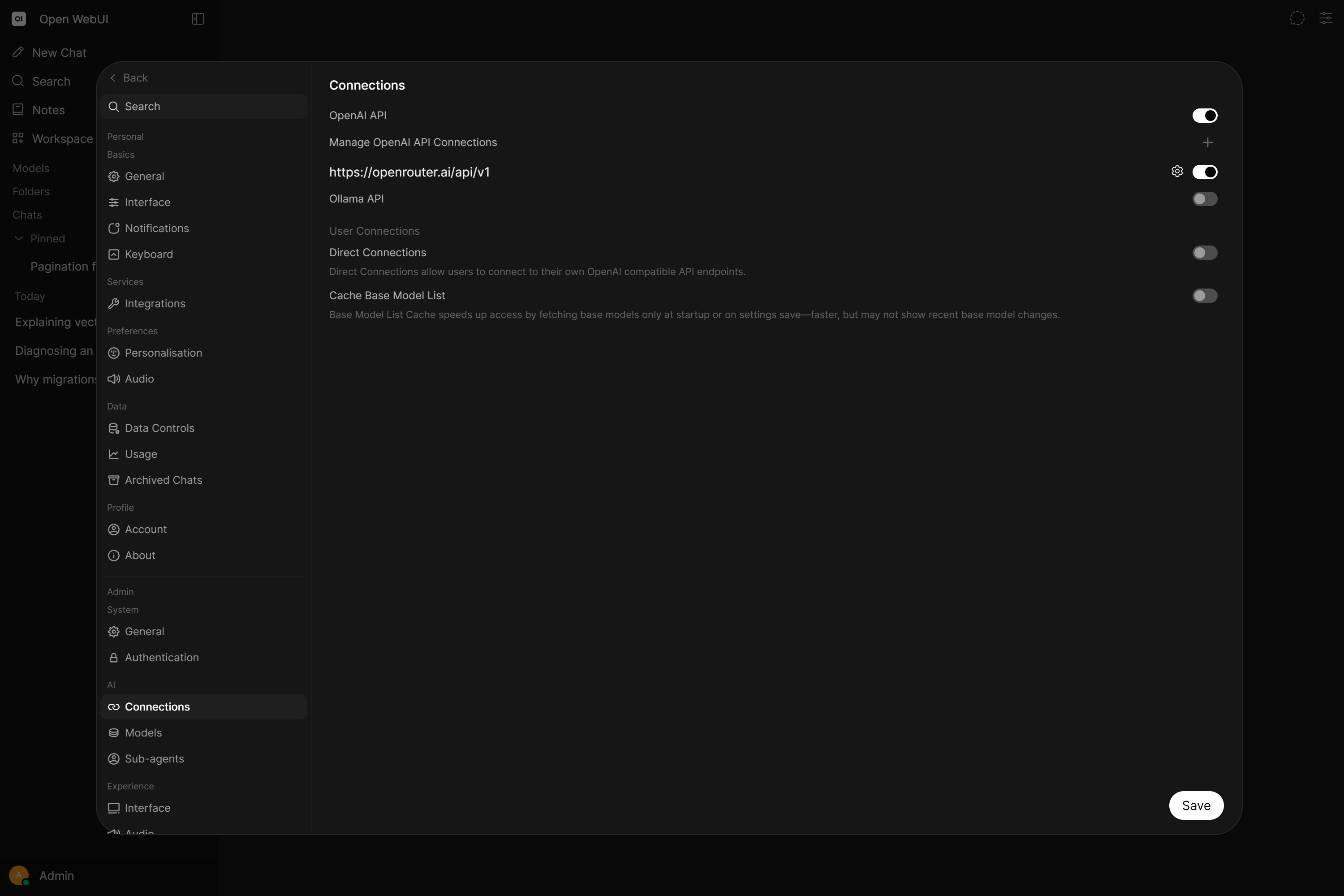 Provider connections in admin settings
