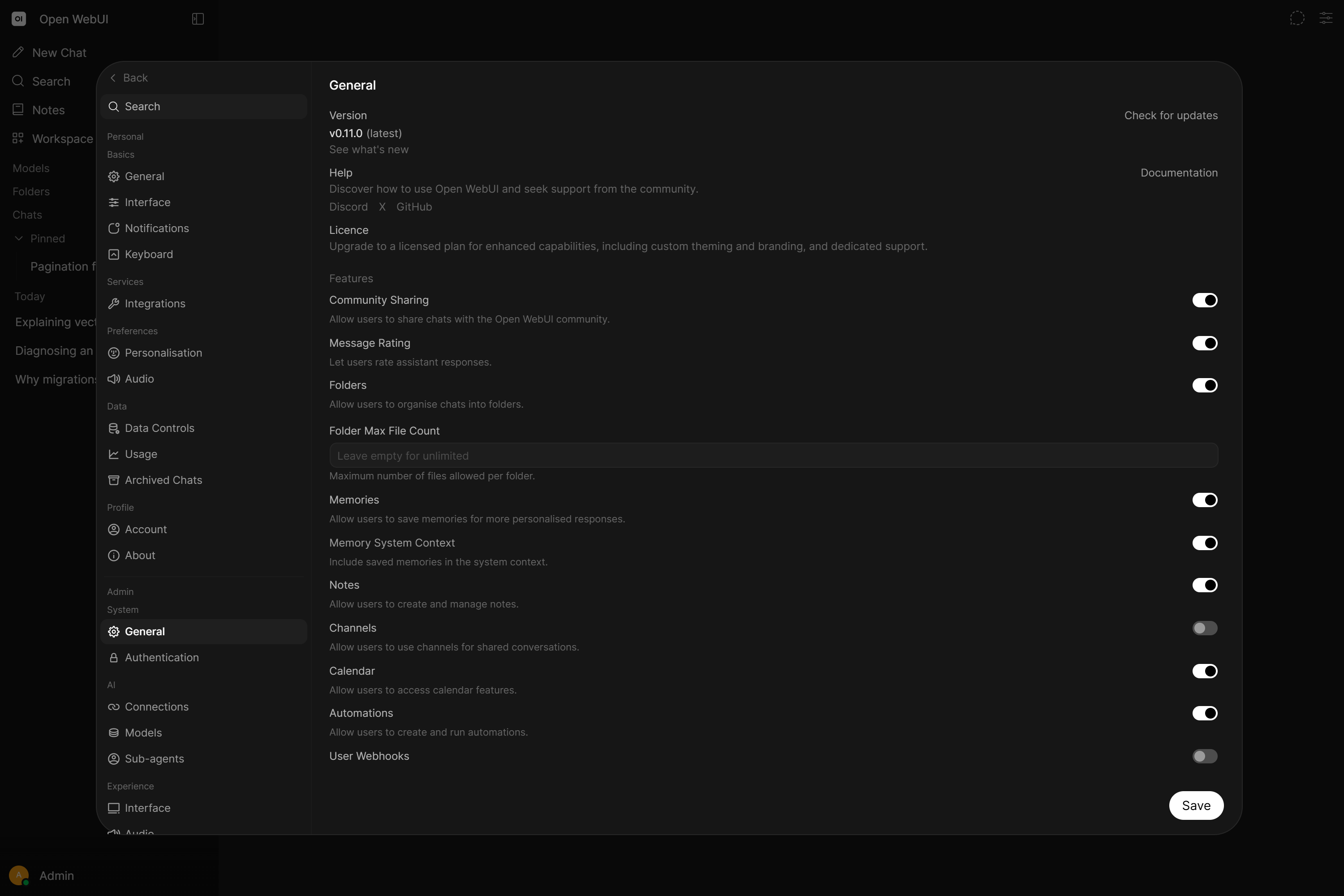 Admin settings, General