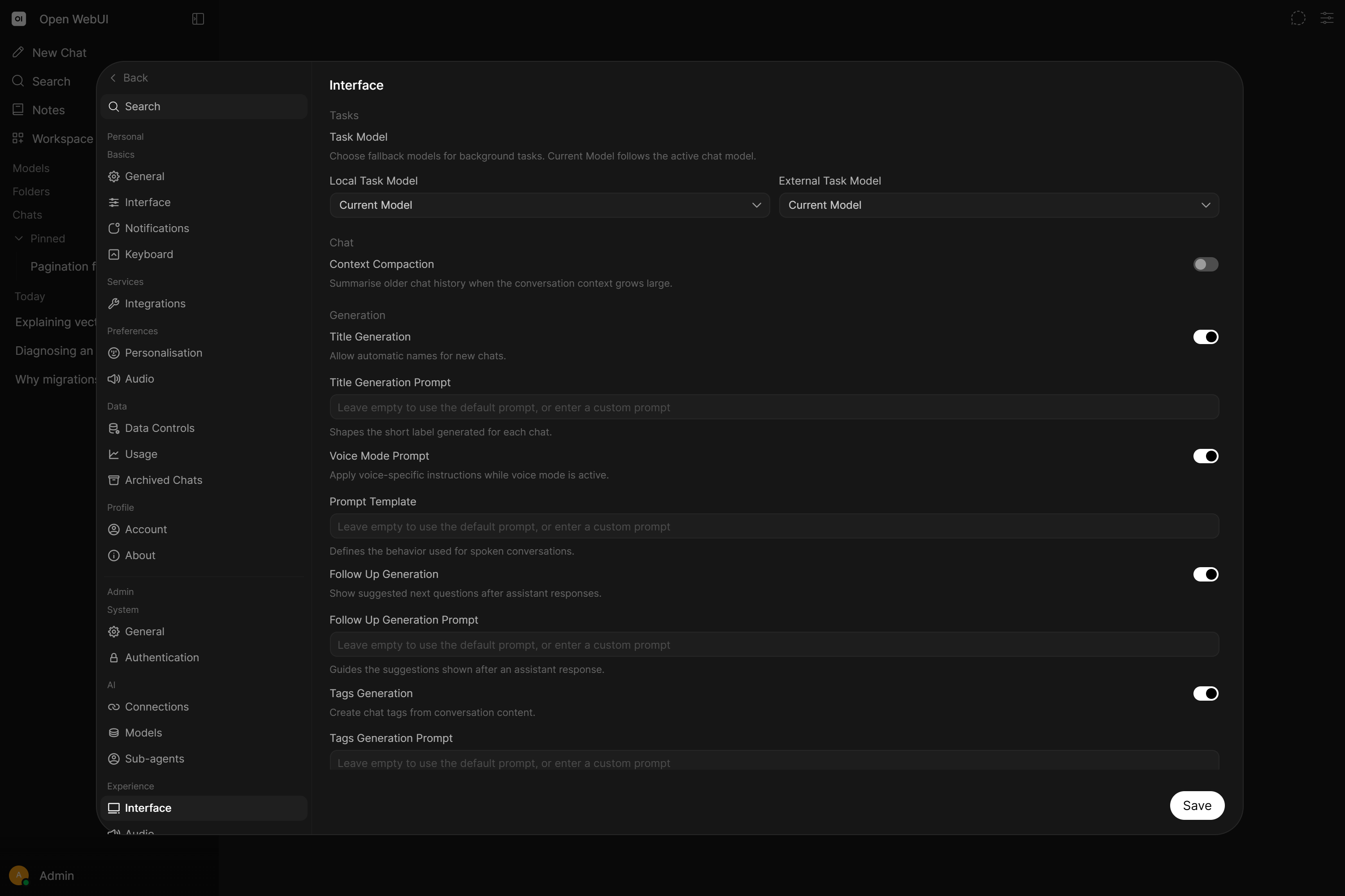 Task model settings under Admin > Interface