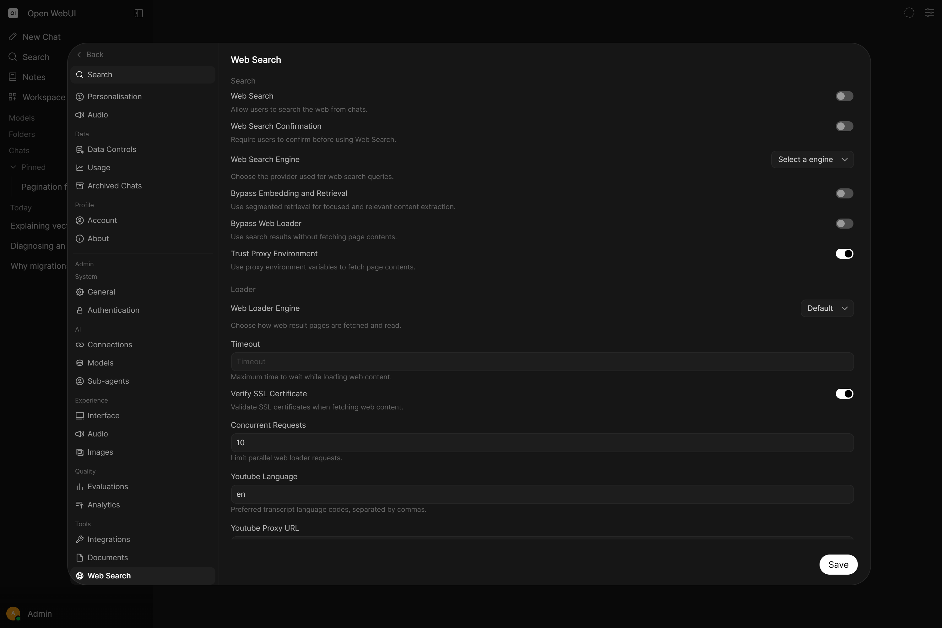 Web search settings