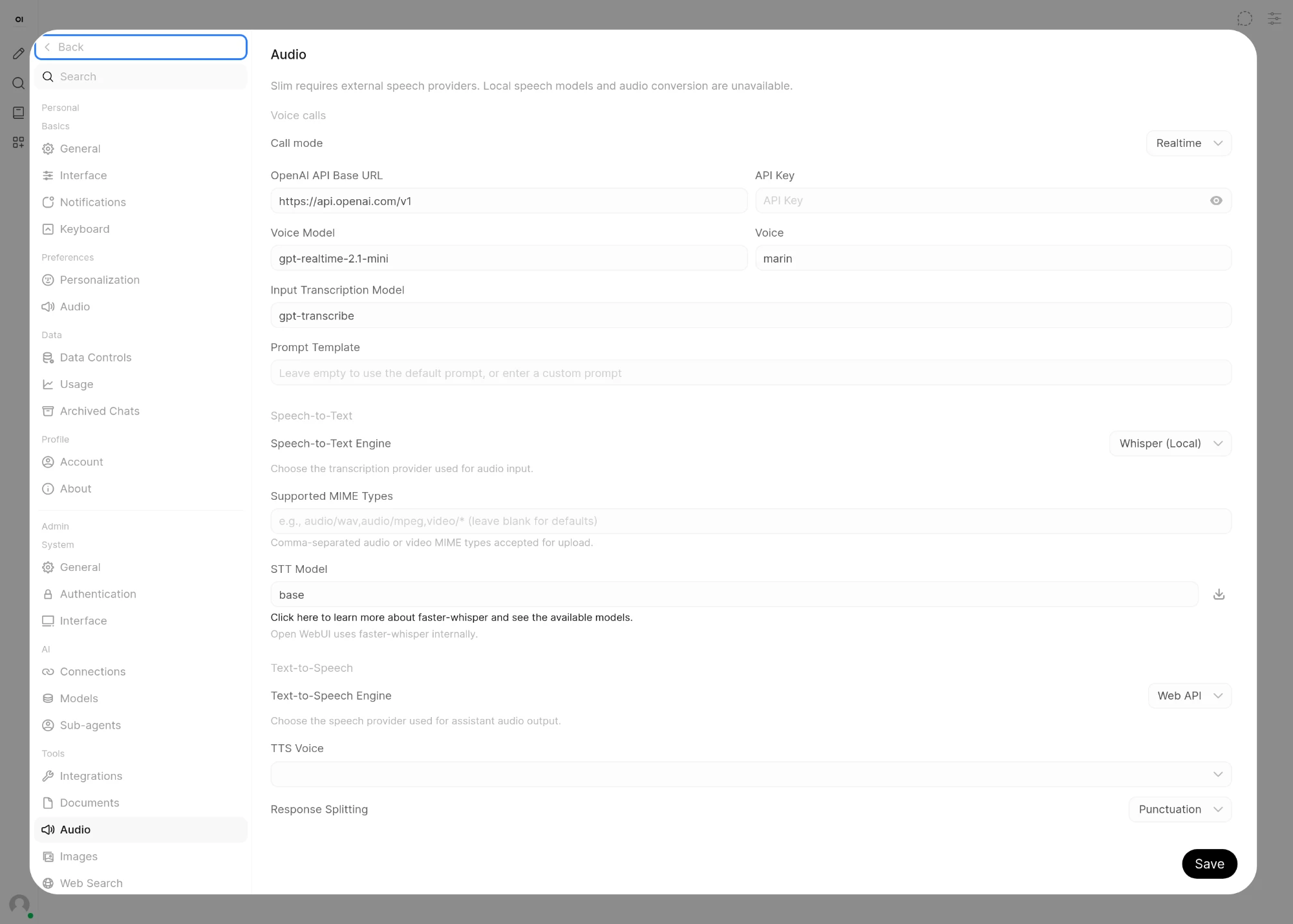 Admin audio settings with Call mode set to Realtime, showing the OpenAI API Base URL, API Key, Voice Model, Voice, Input Transcription Model and Prompt Template fields above the Speech-to-Text and Text-to-Speech sections