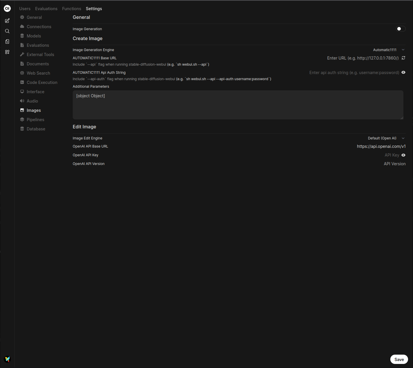 Screenshot of the Open WebUI Images settings page with Default (Automatic1111) selected and the API URL field highlighted.