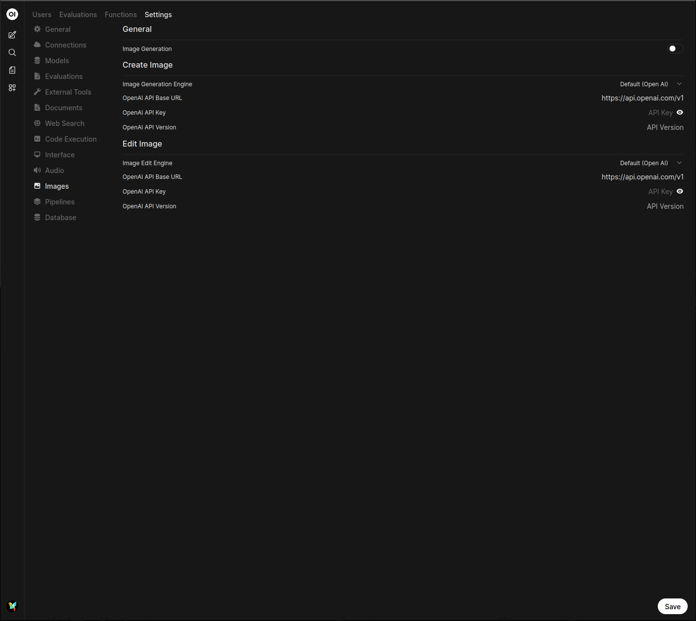 Screenshot of the Open WebUI Images settings page with Open AI selected and the API endpoint URL, API version, and API key fields highlighted for Azure OpenAI configuration.