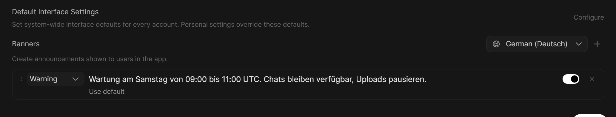 A banner being edited in German, with the language selector next to the Banners heading