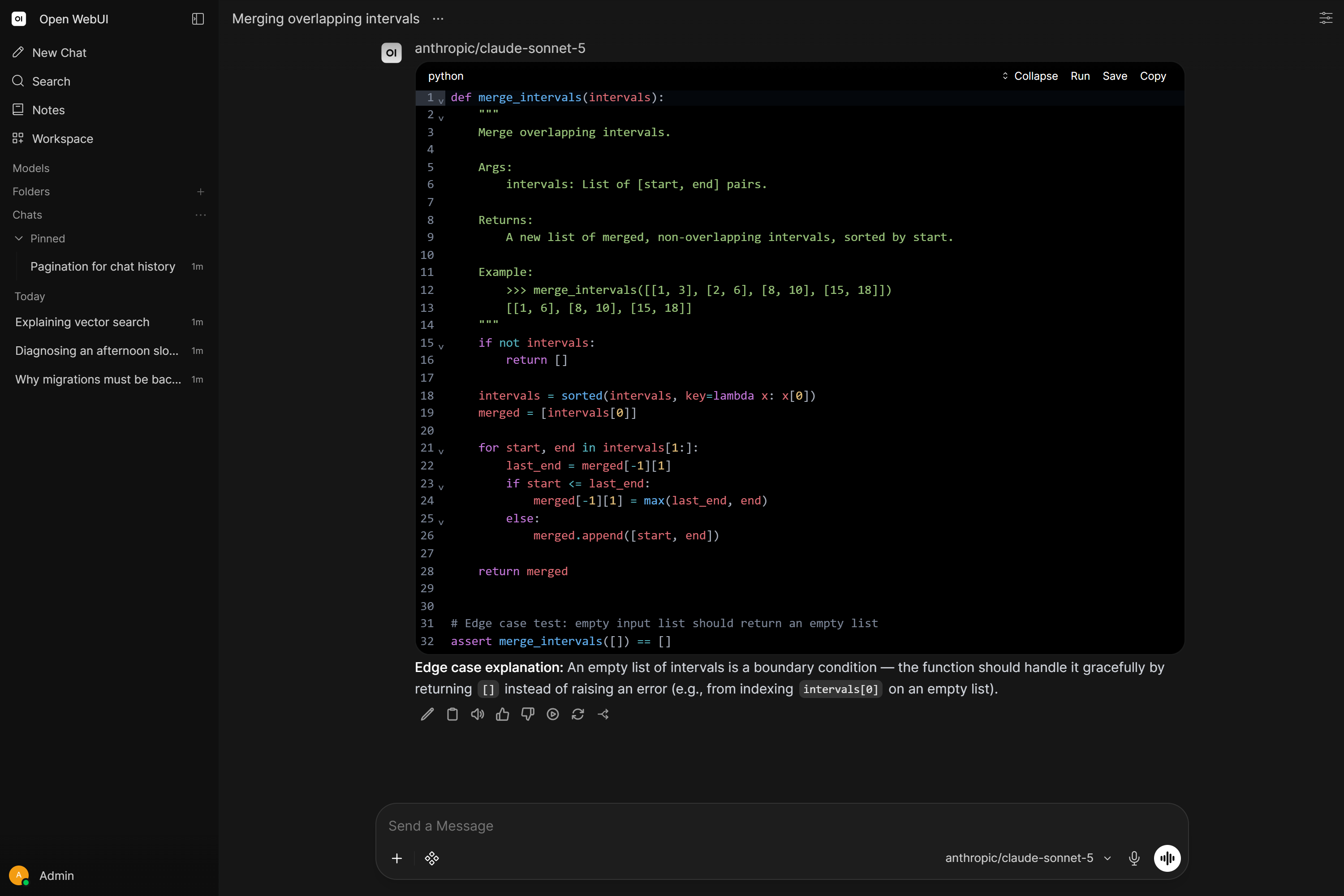 A response with a syntax-highlighted code block