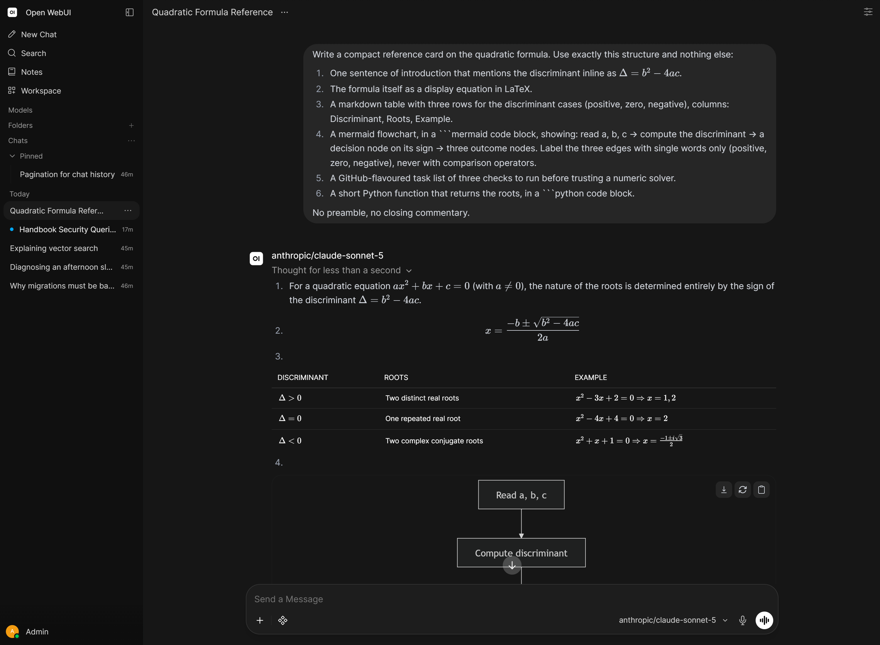 A response rendering LaTeX, a table and a mermaid diagram