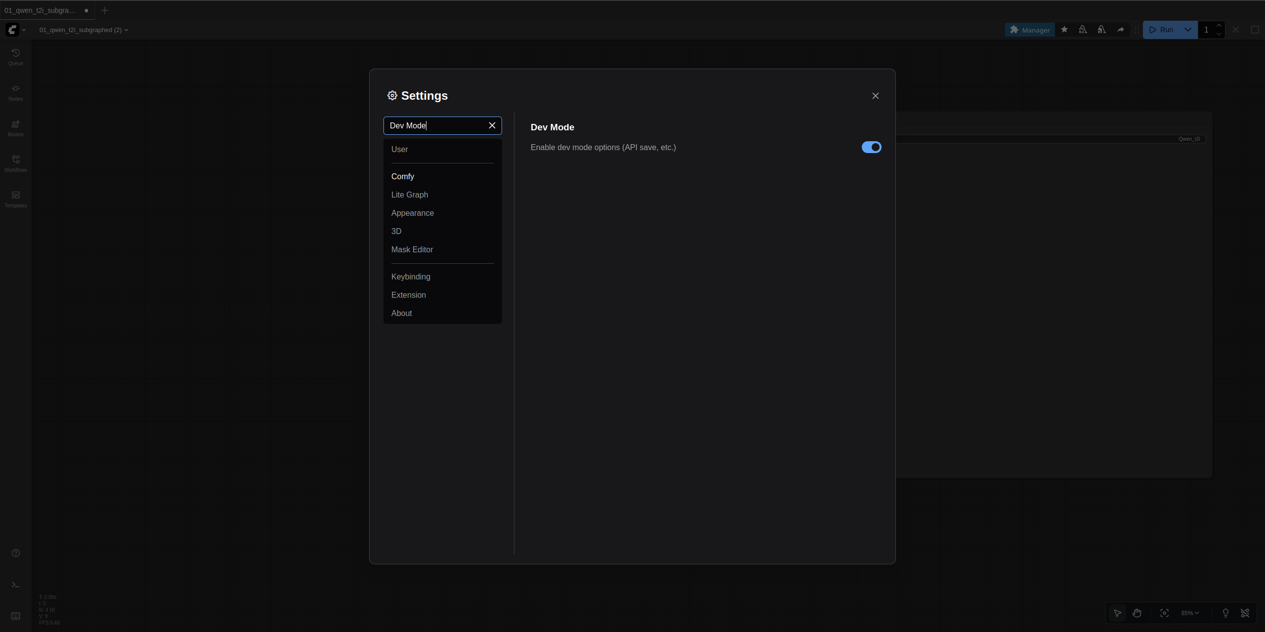 Screenshot of the ComfyUI settings with the &quot;Dev Mode&quot; toggle highlighted.