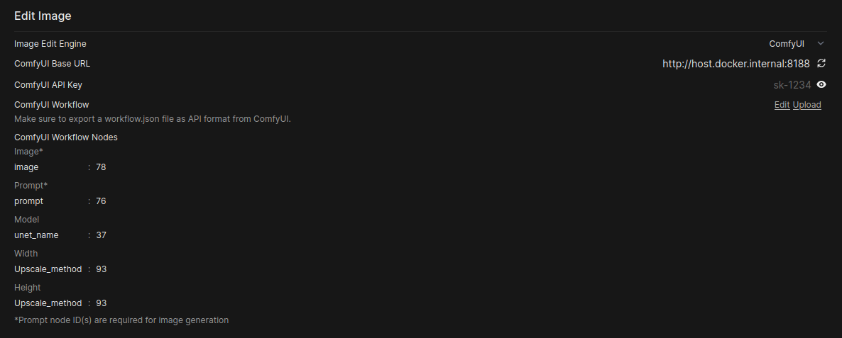 Screenshot of the Open WebUI Images settings page with ComfyUI selected for image editing.