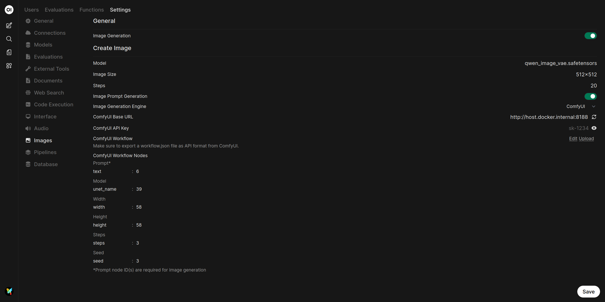 Screenshot of the Open WebUI Images settings page with ComfyUI selected for image generation.