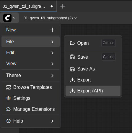 Screenshot of the &quot;Save (API Format)&quot; button in the ComfyUI interface.