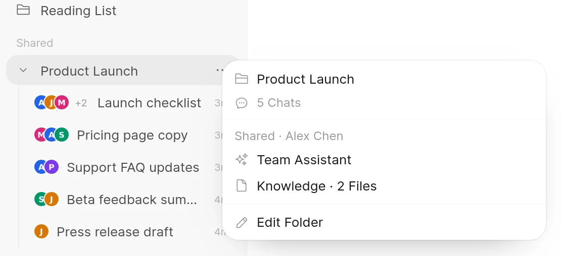The hover preview of the shared Product Launch folder: 5 chats, shared by Alex Chen, the Team Assistant default model, two knowledge items and an Edit Folder button