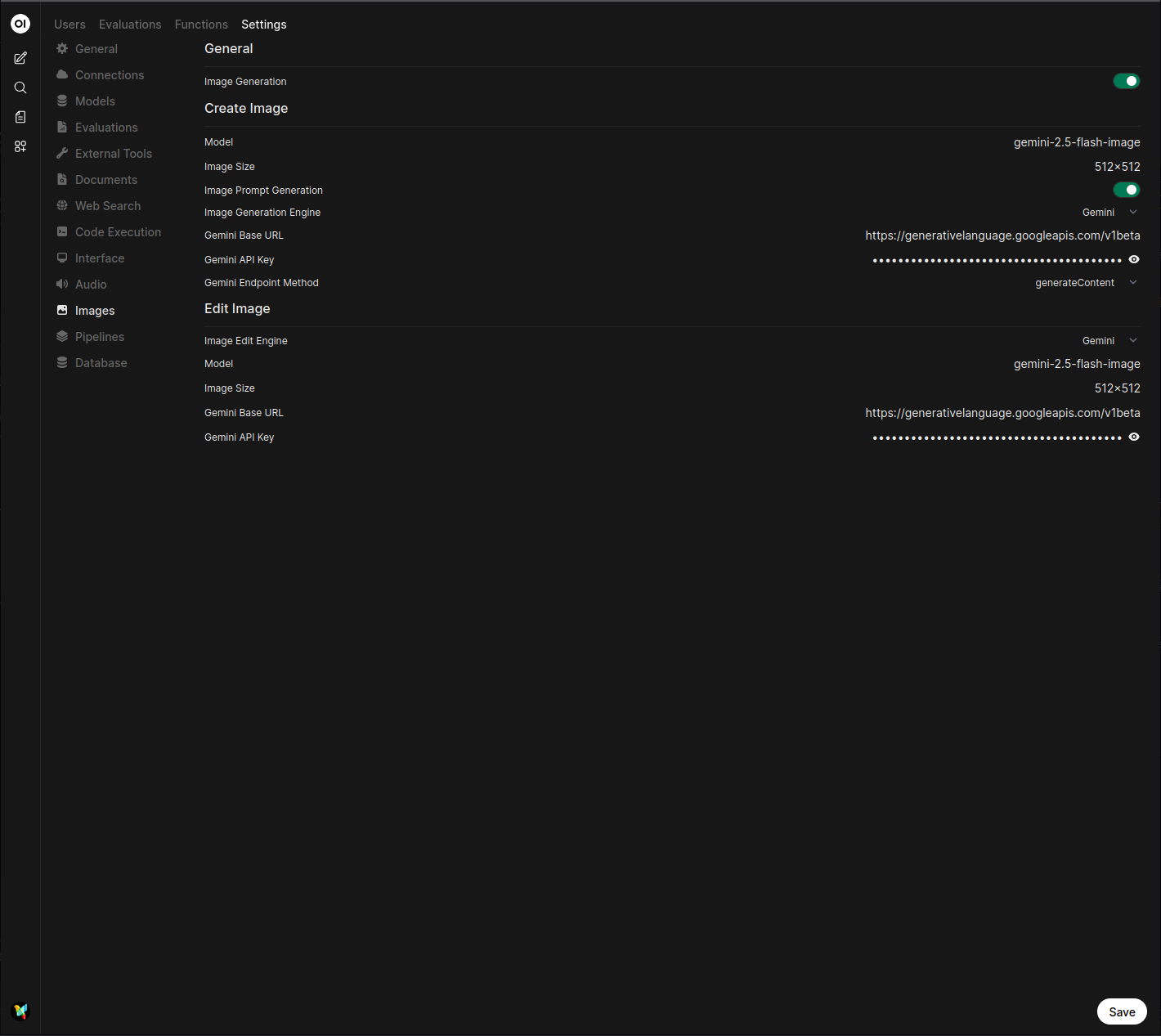 Screenshot of the Open WebUI Images settings page with Gemini selected and the API key, model, and image size fields highlighted.