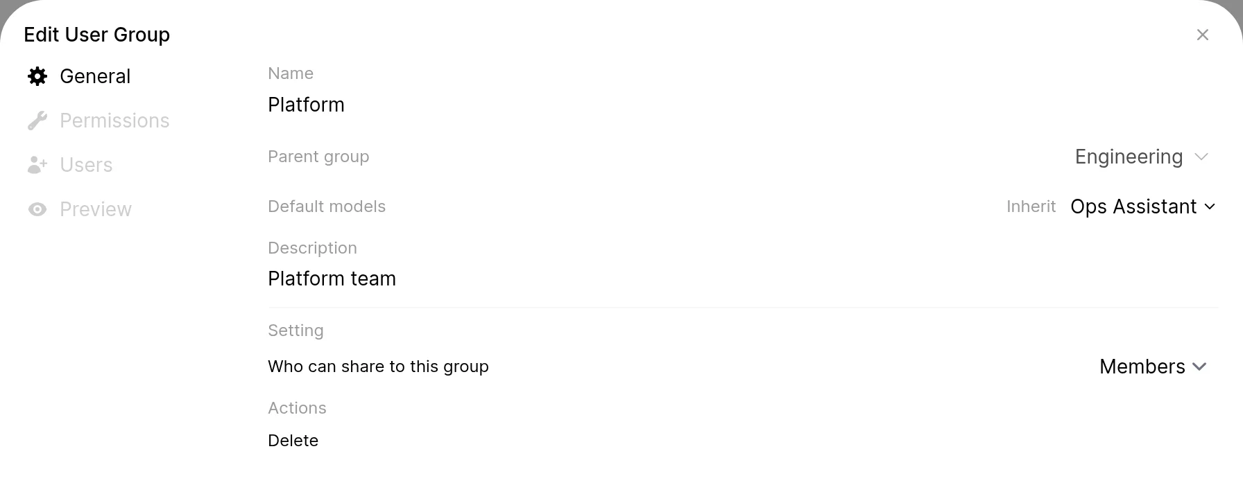 The General tab of the Platform group, with Engineering as its parent group and its own default model set next to Inherit