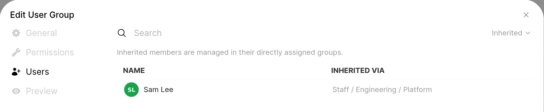 The Users tab of the Engineering group set to Inherited, listing a member with the Inherited via path Staff / Engineering / Platform