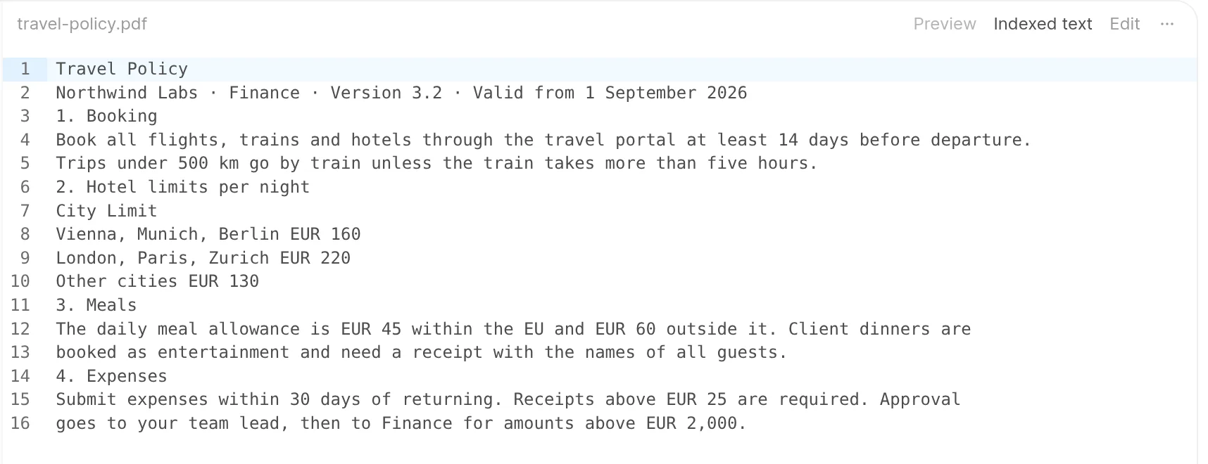 The same PDF in the Indexed text view, showing the extracted text with line numbers