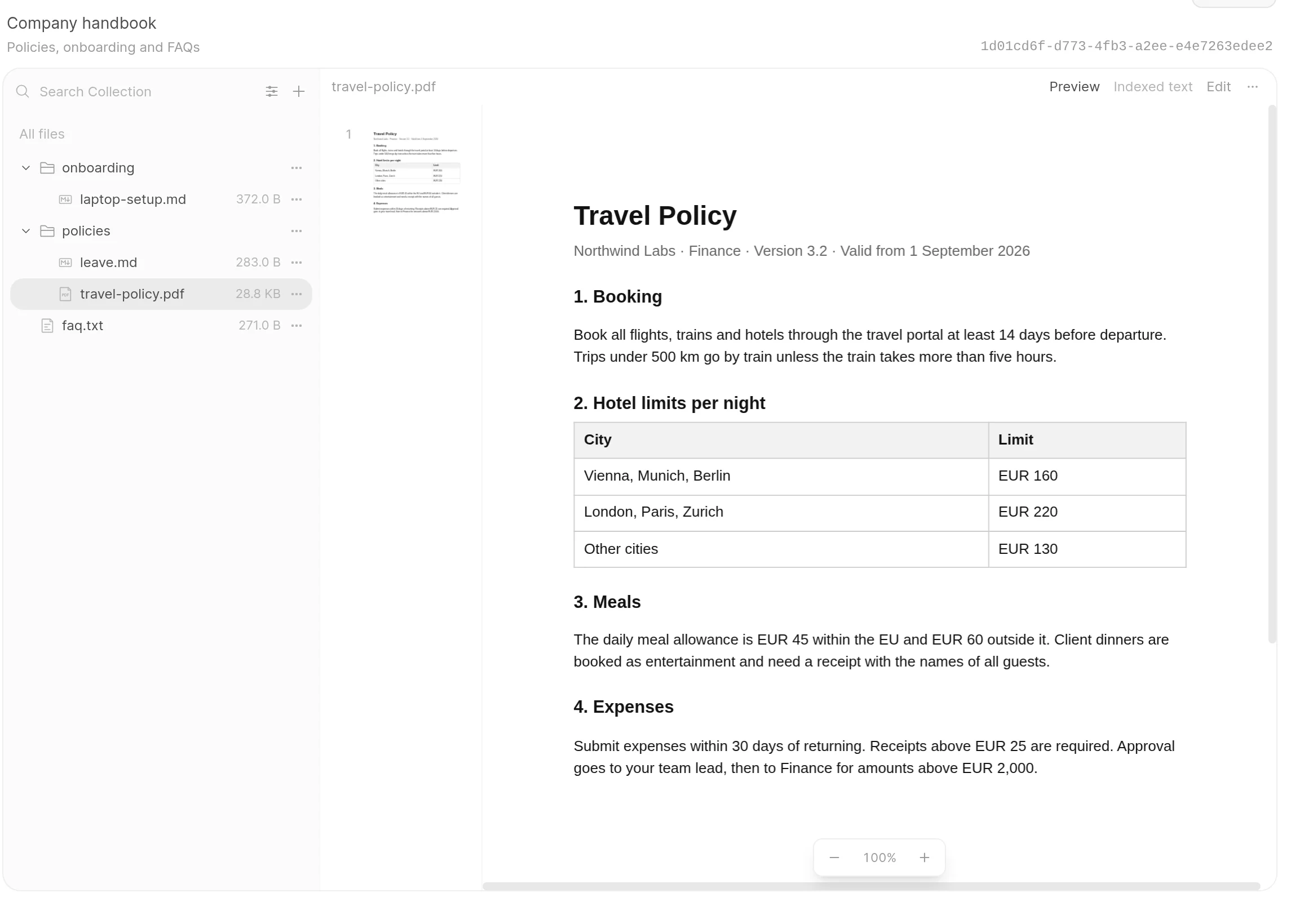 A knowledge base with folders and files on the left and a PDF open in the Preview view on the right