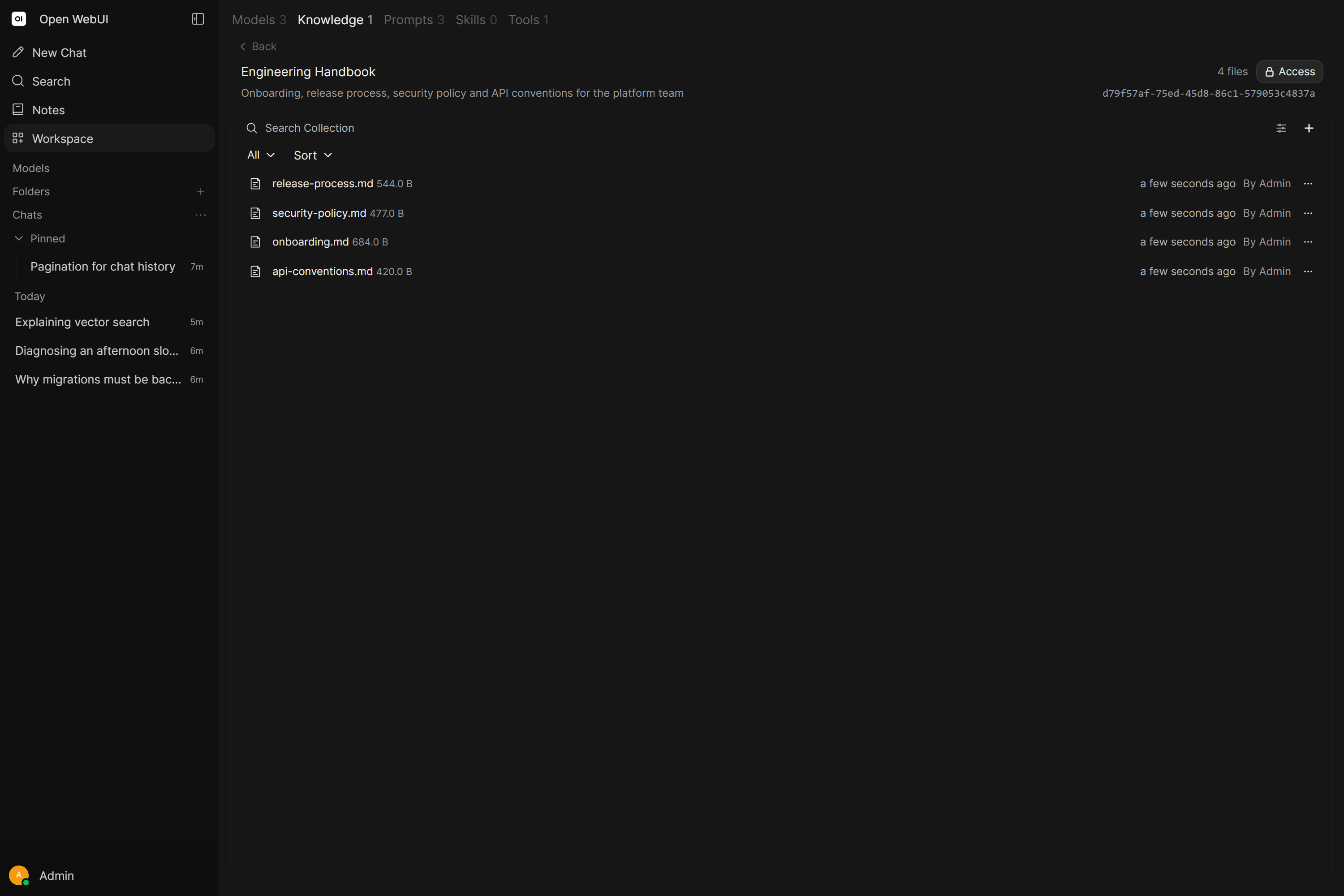 Files inside a knowledge base, with search and sort