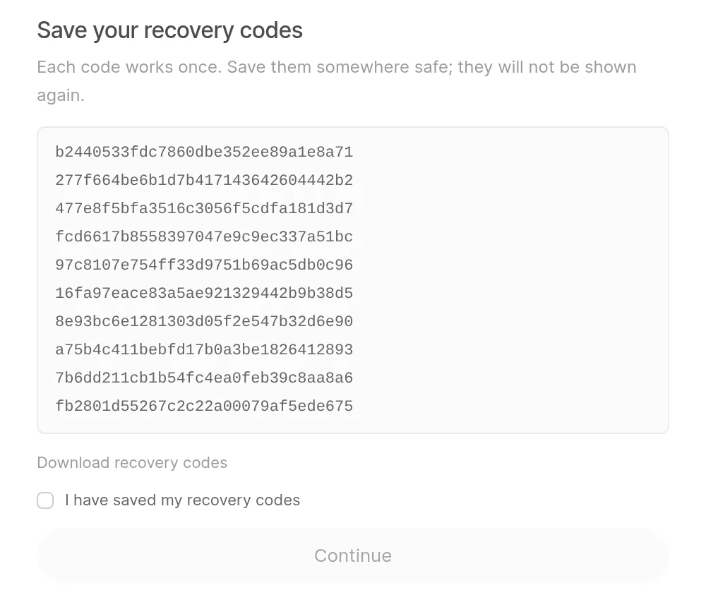 The Save your recovery codes screen listing ten recovery codes, with Download recovery codes and the confirmation checkbox
