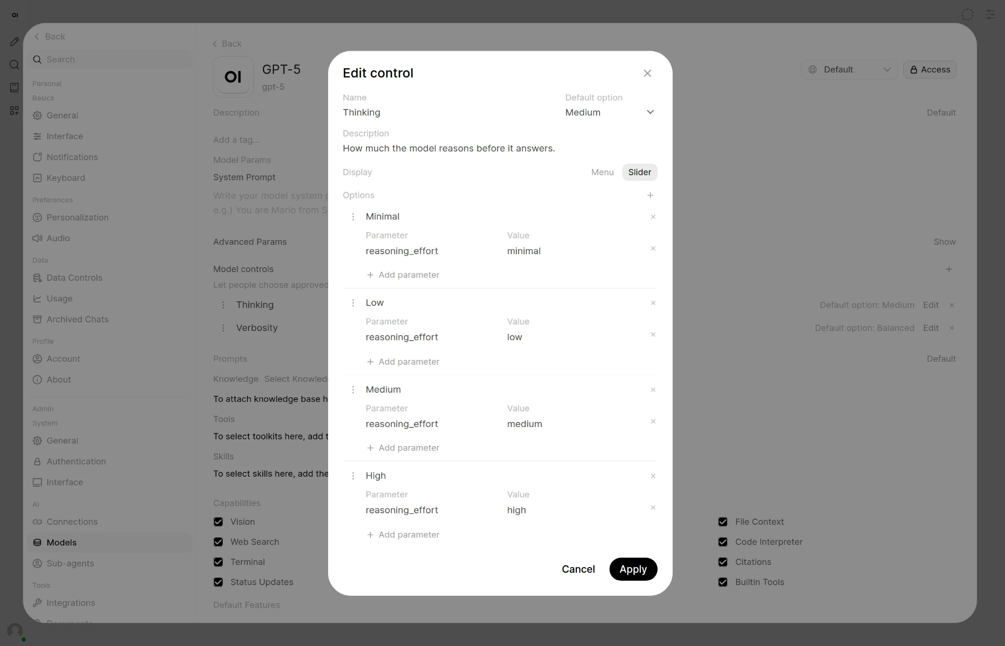 The Edit control dialog for a Thinking control shown as a slider, with Minimal, Low, Medium and High options that each set reasoning_effort