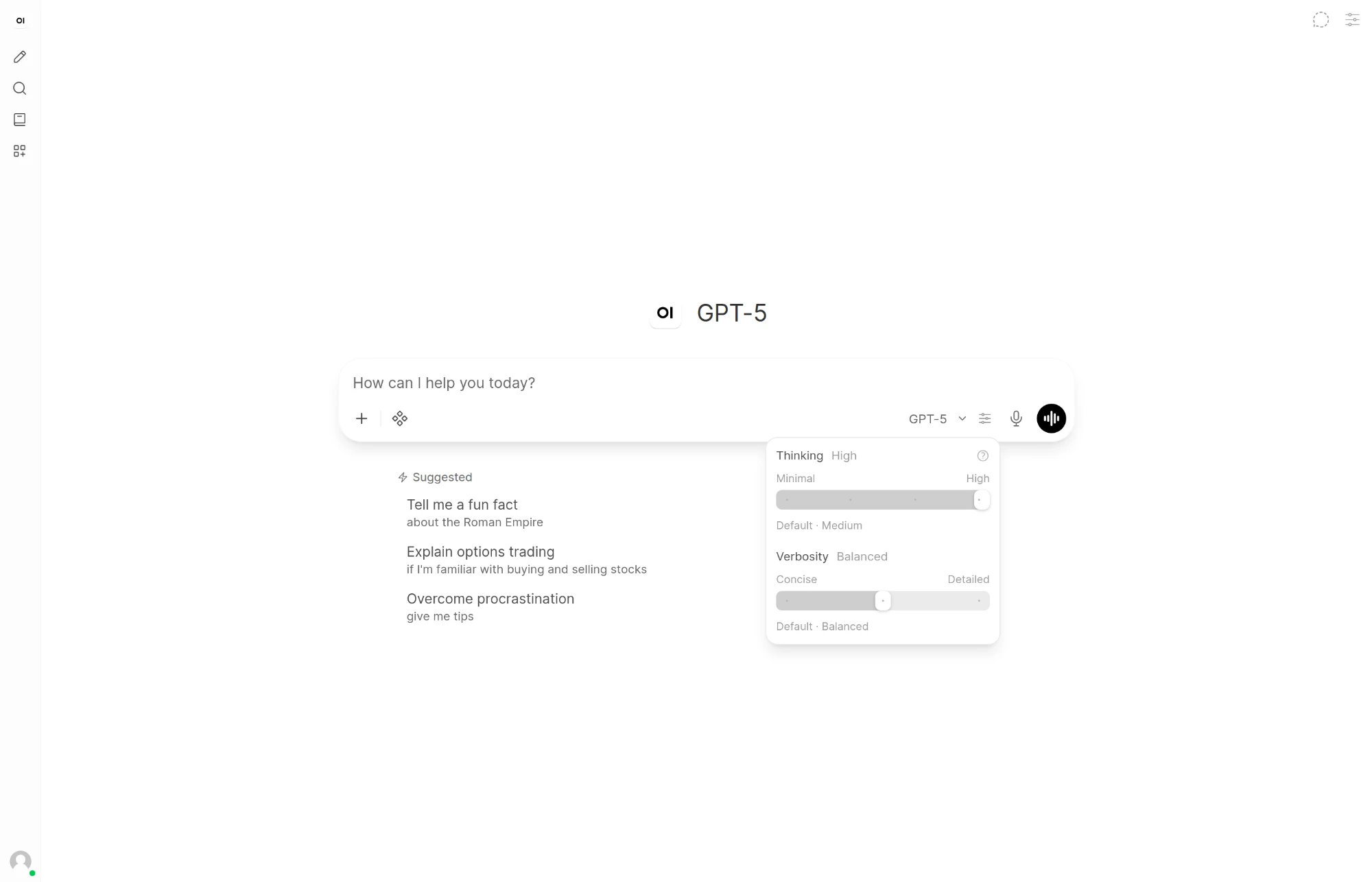 Model controls in the chat, with the Thinking slider set to High and a Verbosity slider on its default, Balanced