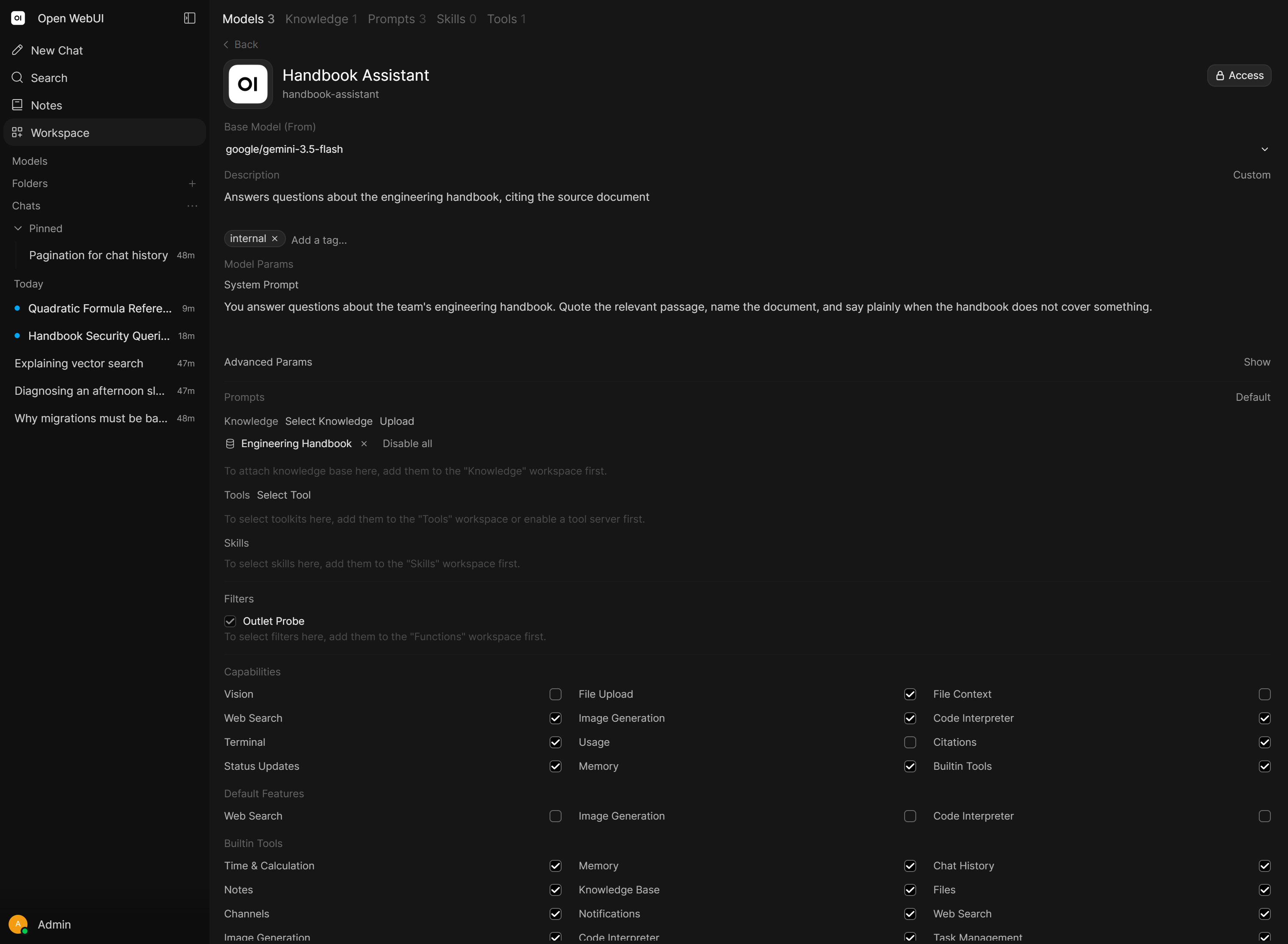 The model editor with base model, description and system prompt