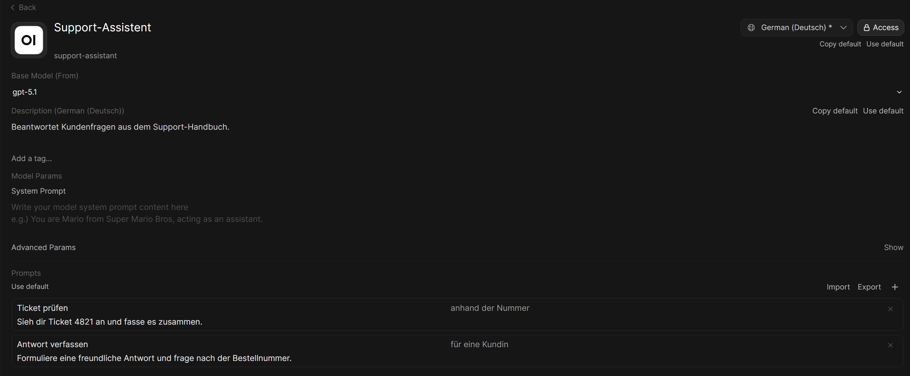 A model editor switched to German, with a translated name, description and prompt suggestions