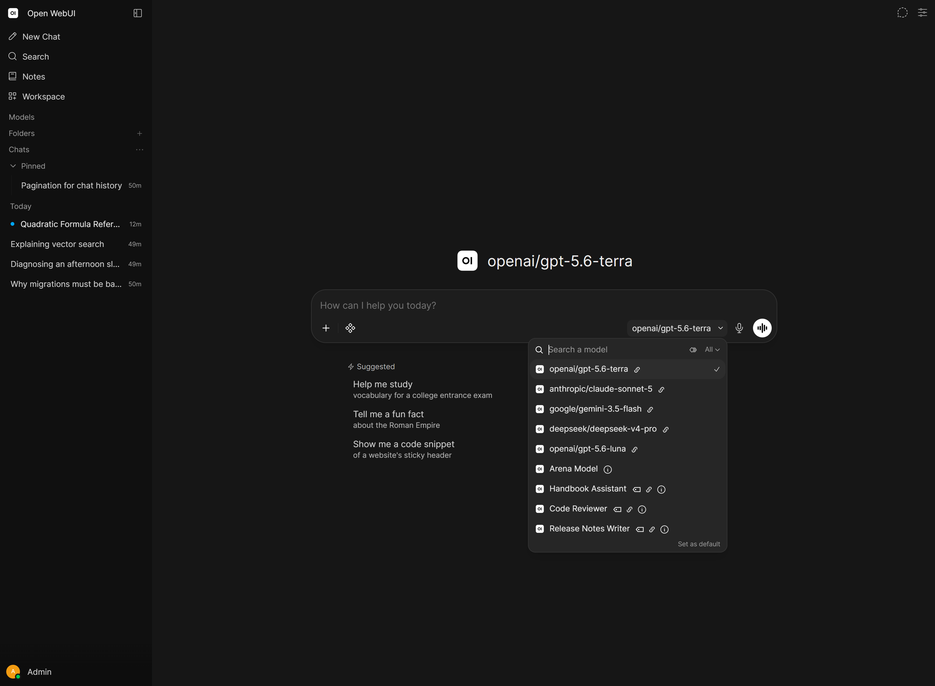 The model selector, searchable and showing pinned models