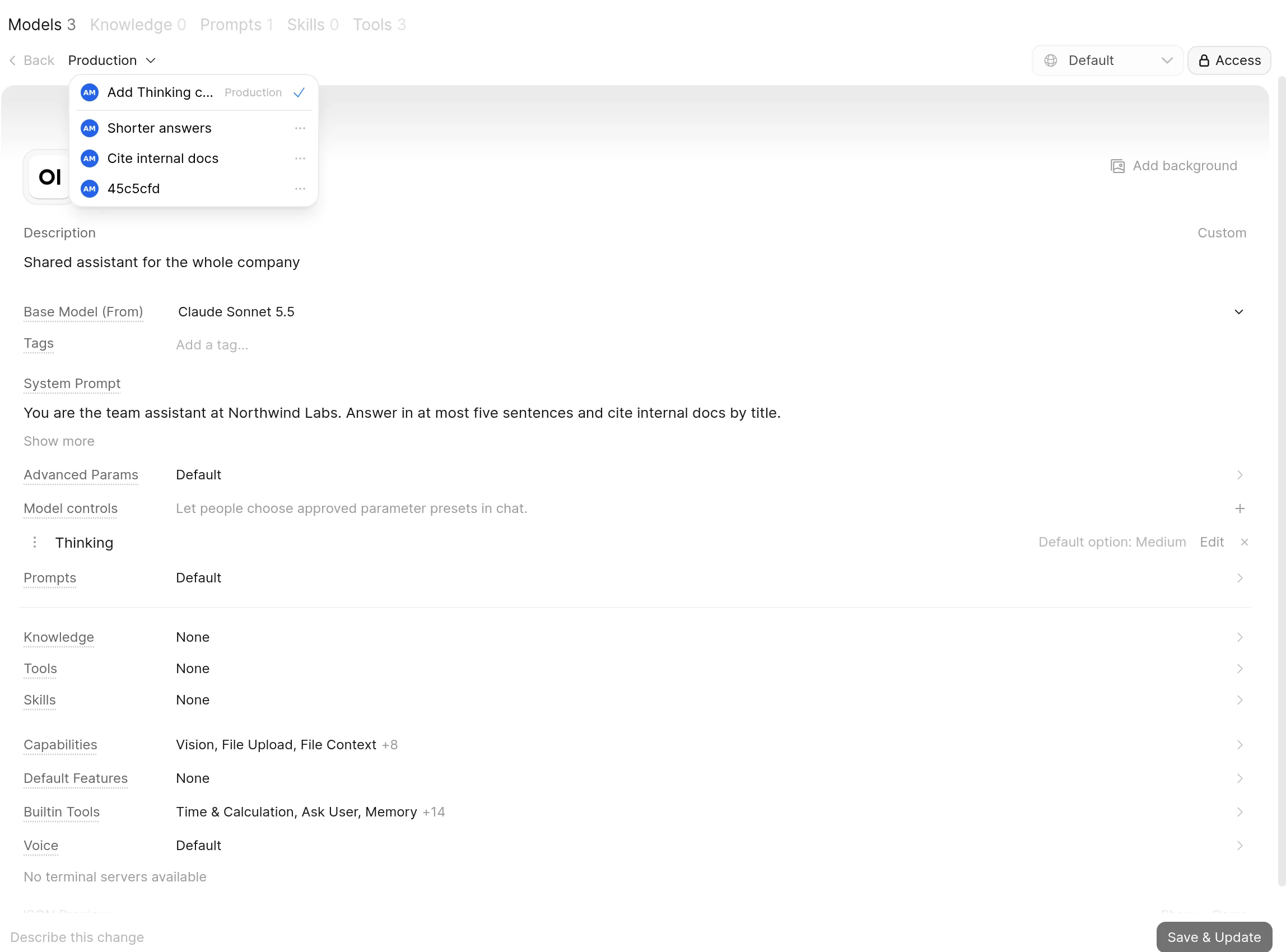 The model editor with the version picker open next to Back, listing the Production version and older versions by their descriptions