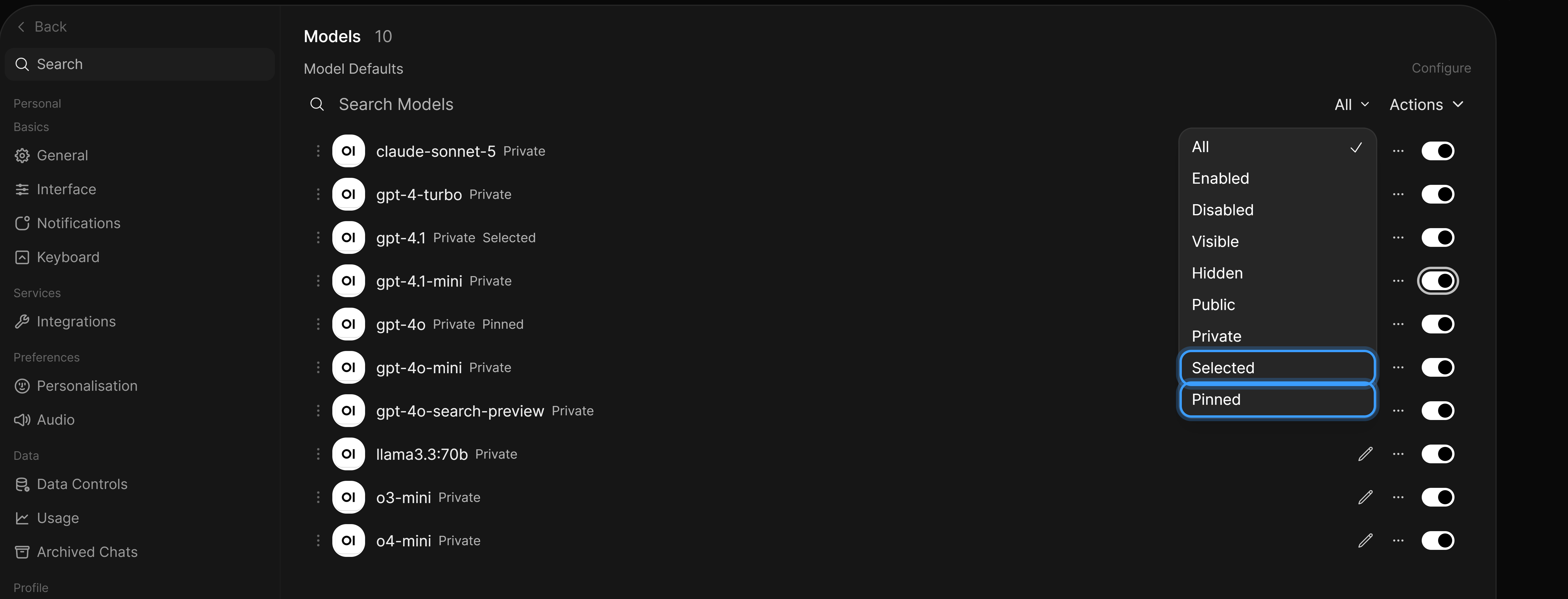 The view filter with the Selected and Pinned options