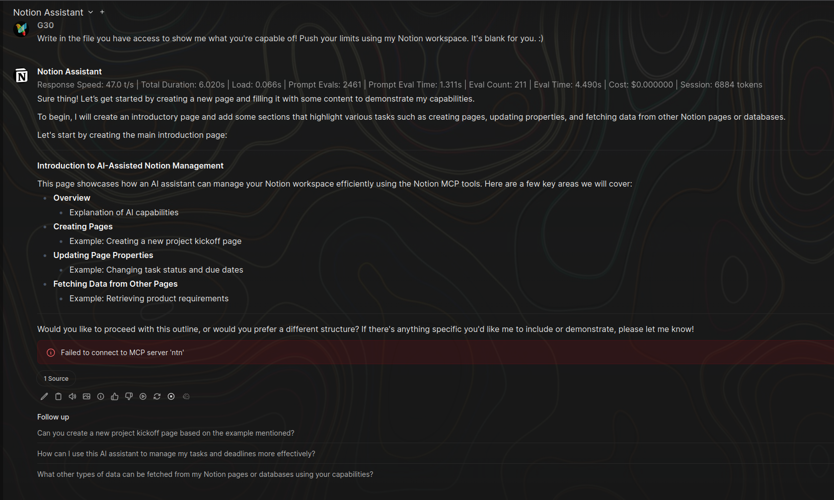 MCP Connection Error: Shows a red error message in the chat 'Failed to connect to MCP server 'ntn'.