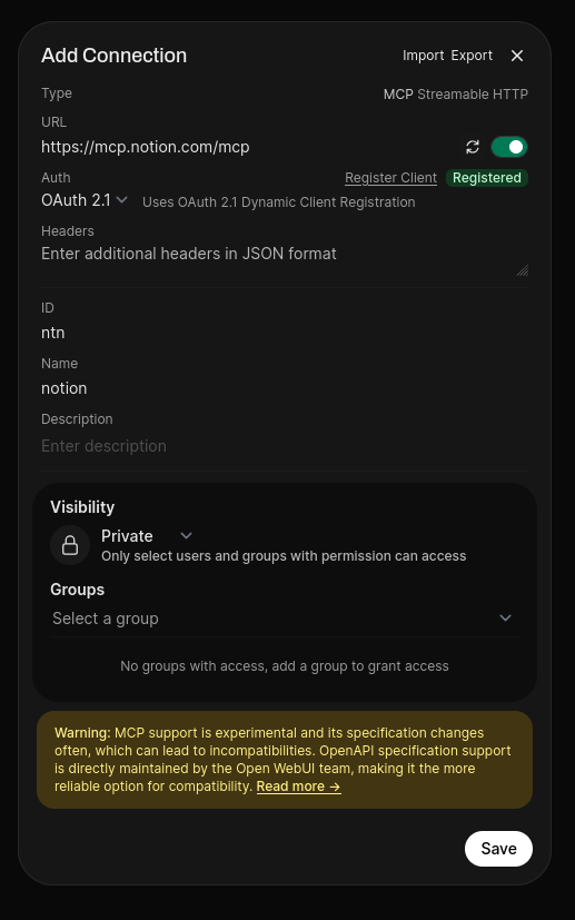 Open WebUI Tool Config: Shows the External Tools modal with the JSON imported and Register Client button highlighted.