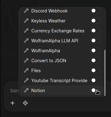 Chat Interface Toggle: Shows the chat input bar with the '+' menu open, 'Integrations' selected, and the 'Notion' tool toggled ON.