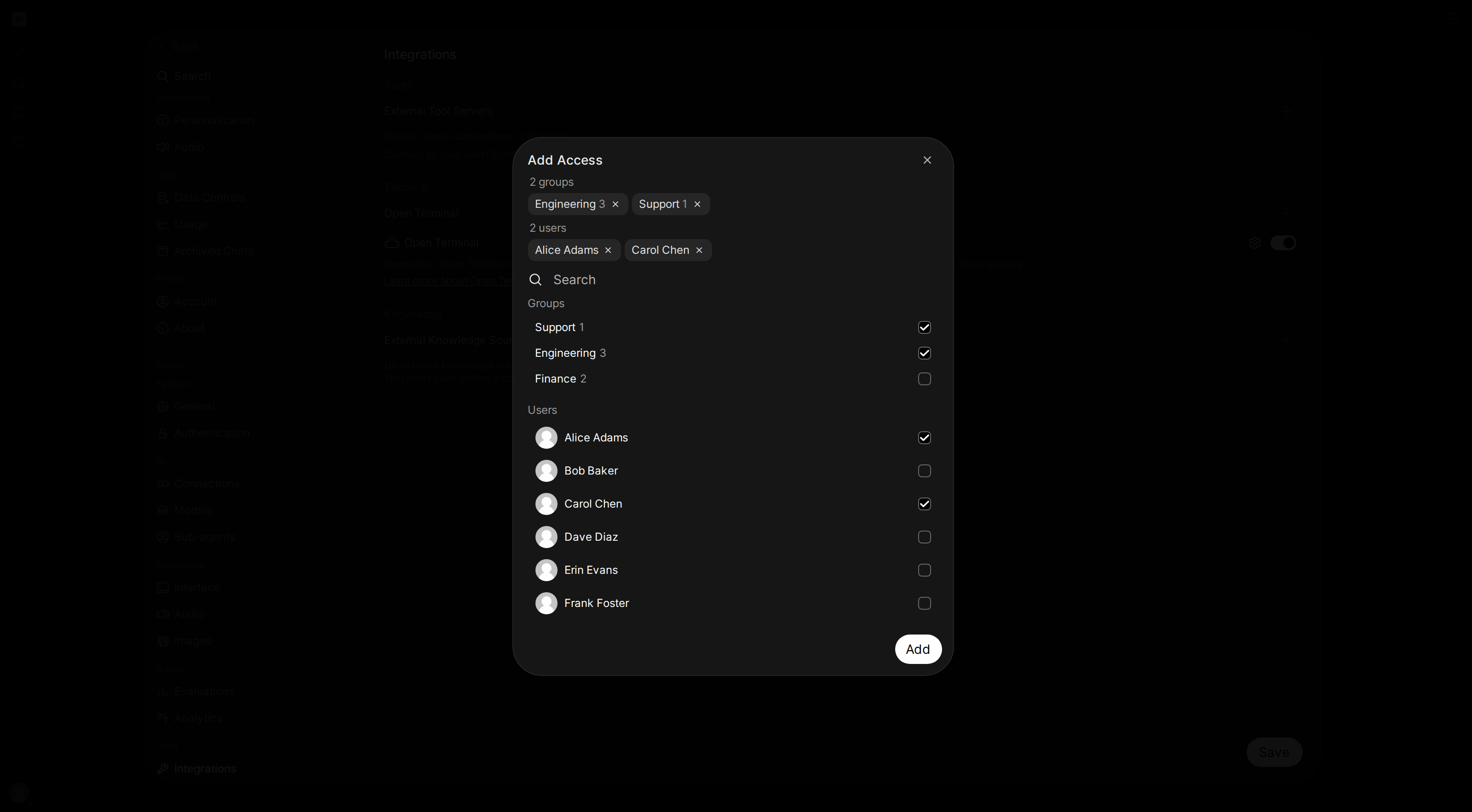 The access control panel listing user groups with checkboxes