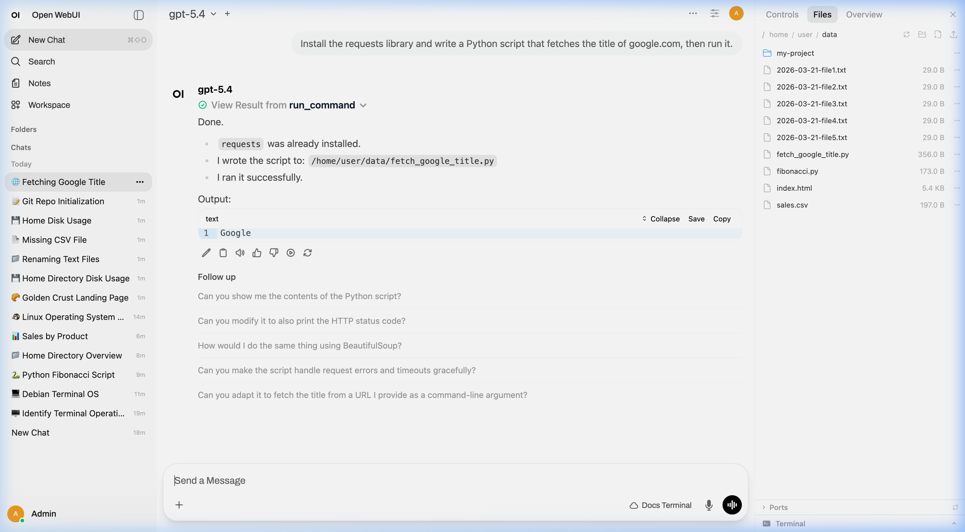AI installing a library and running a script
