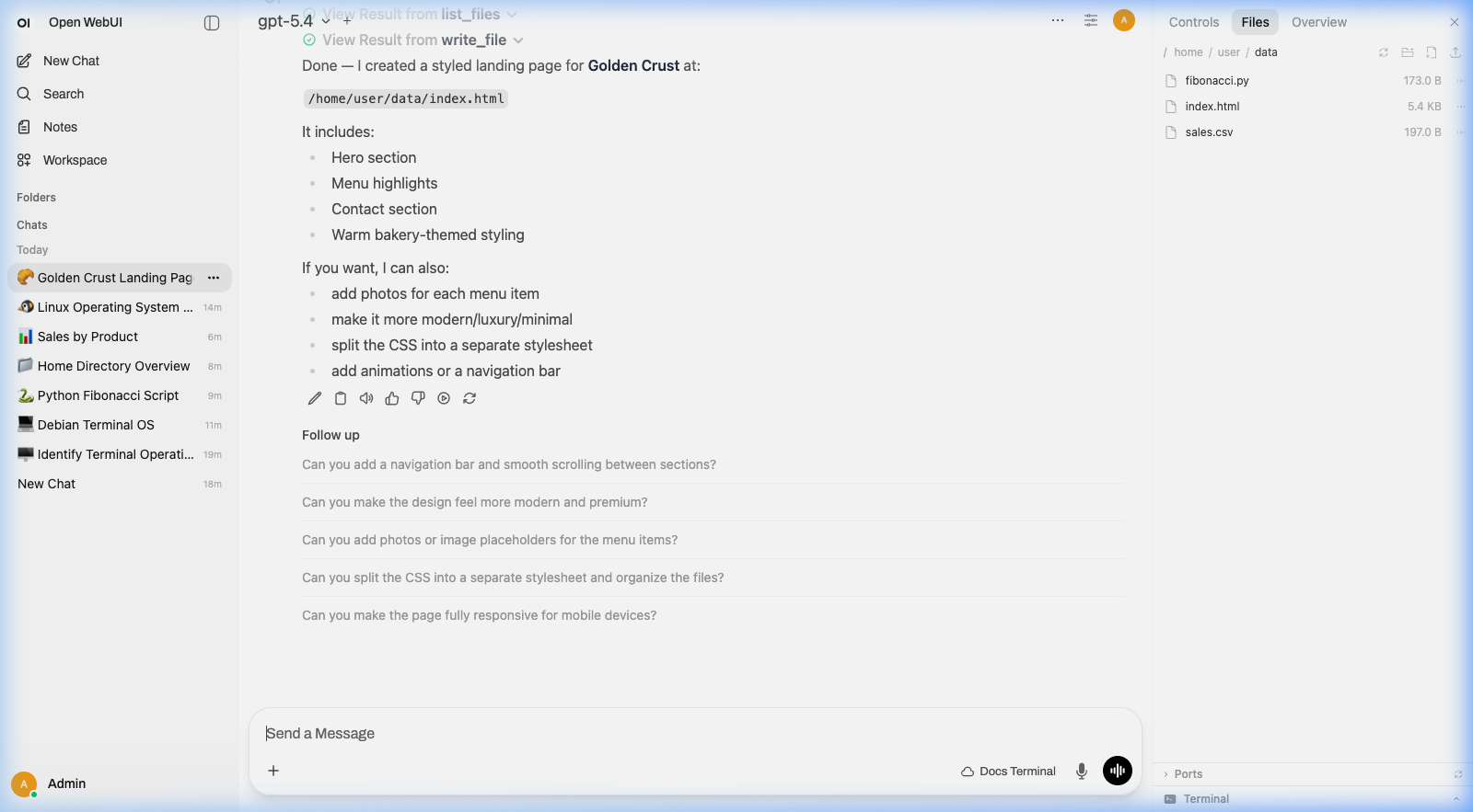 AI creating a landing page with file browser showing the created files