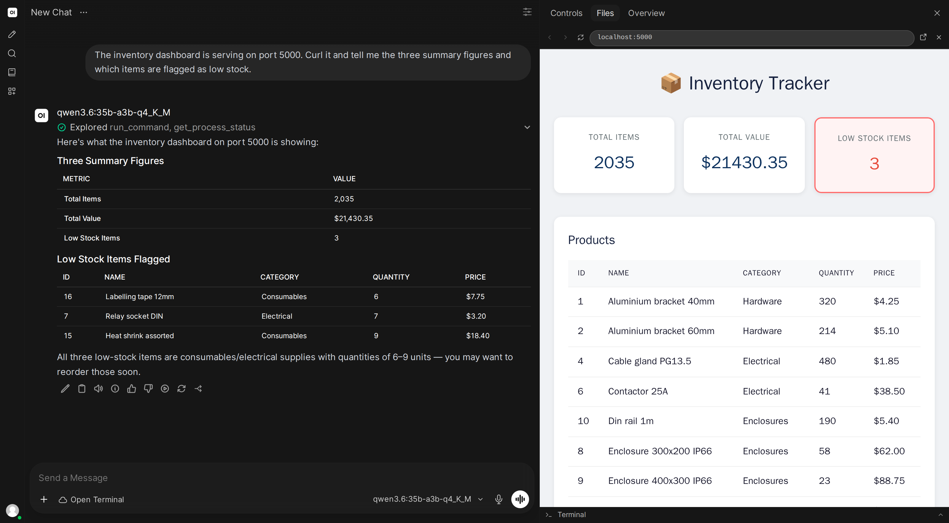 The running inventory dashboard in the live port preview