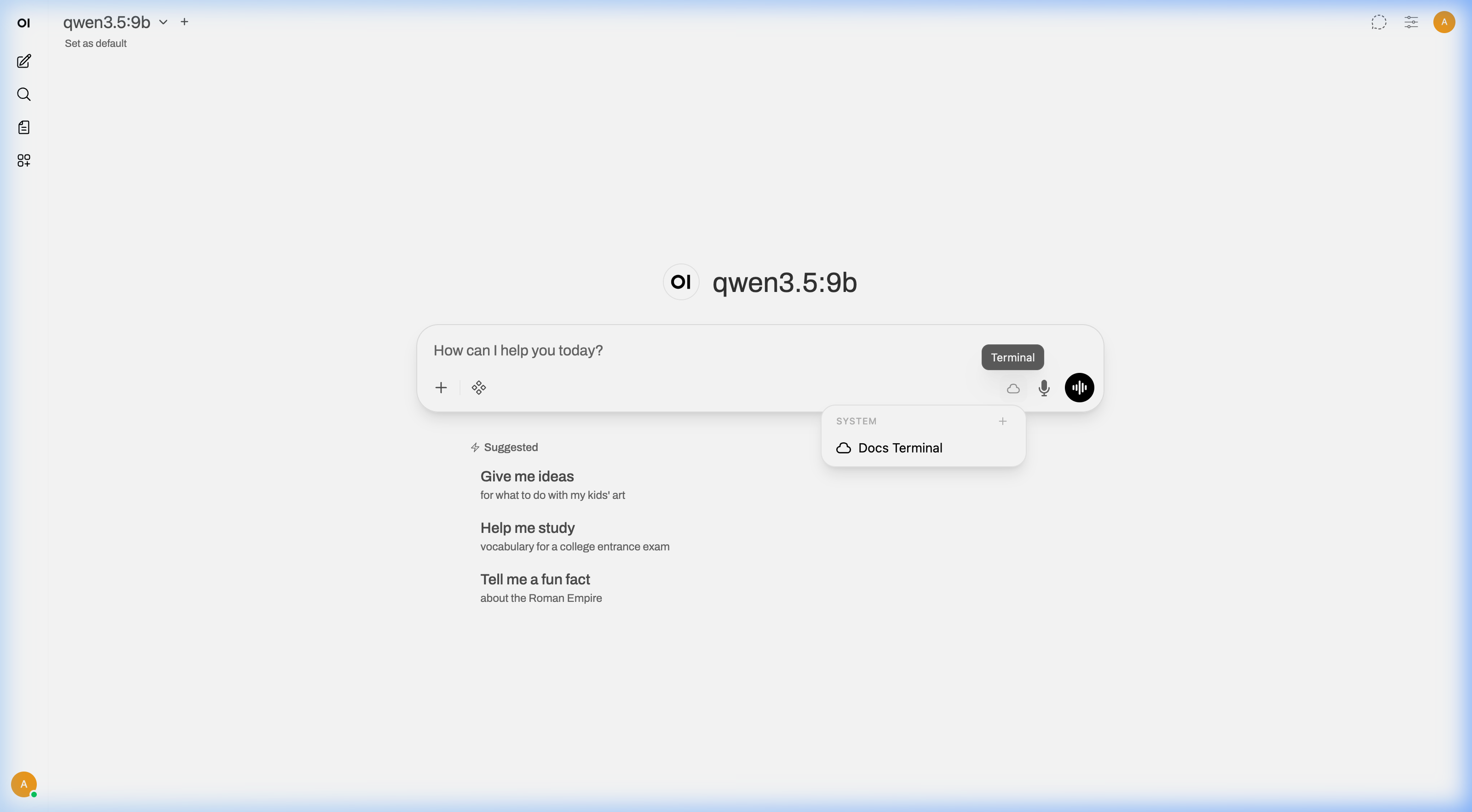 Terminal dropdown showing Docs Terminal under System