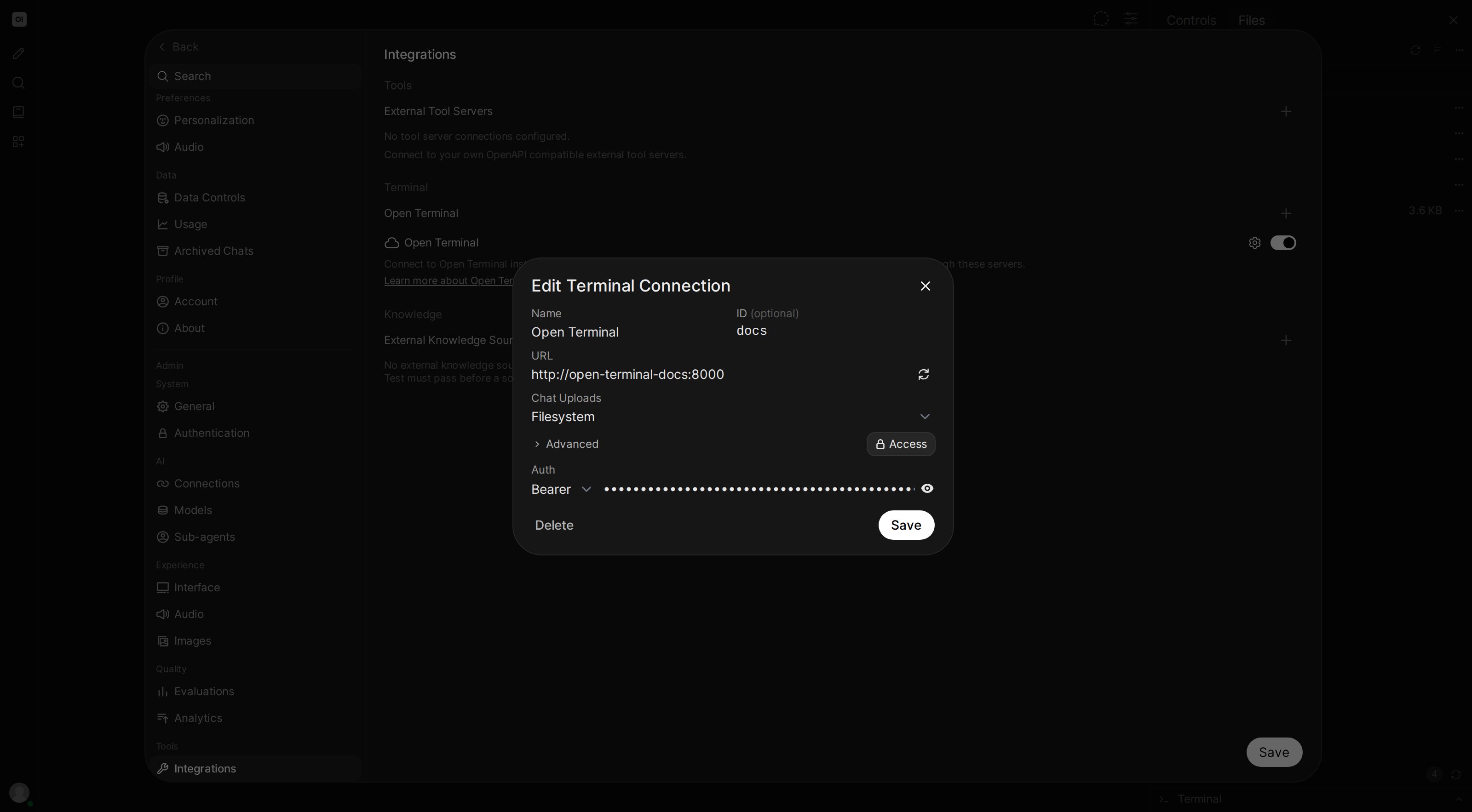 The connection form with Chat Uploads set to Filesystem
