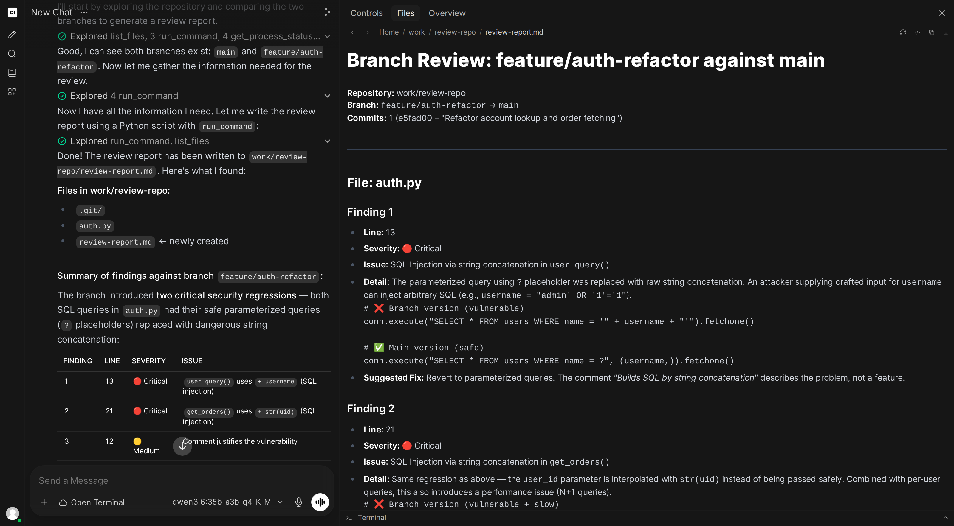The generated review report open in the file viewer