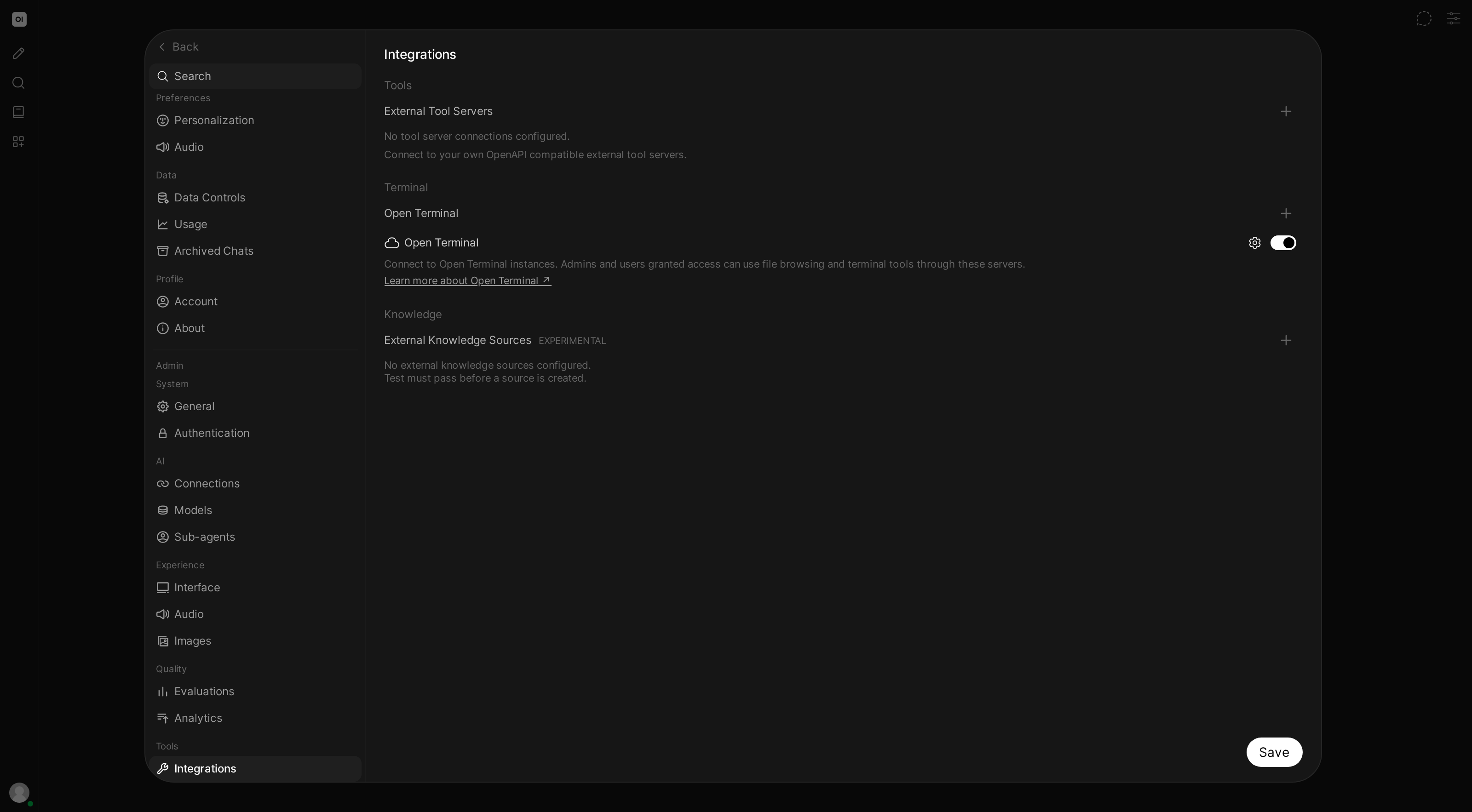 The Open Terminal section under Integrations