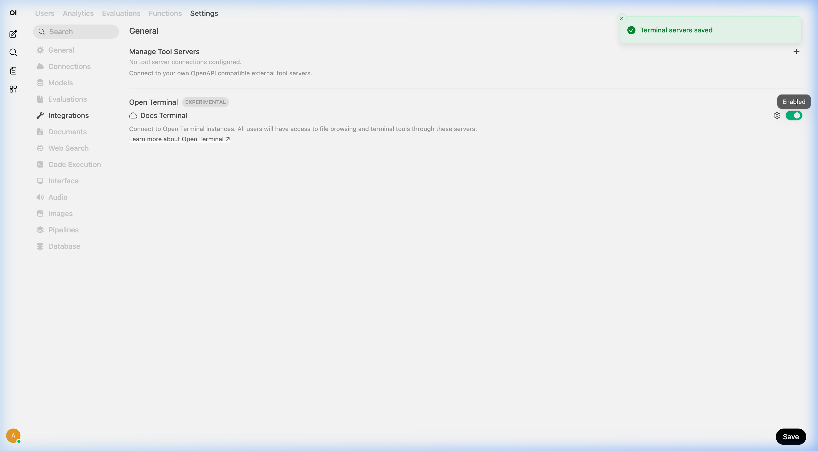 The Open Terminal section under Integrations