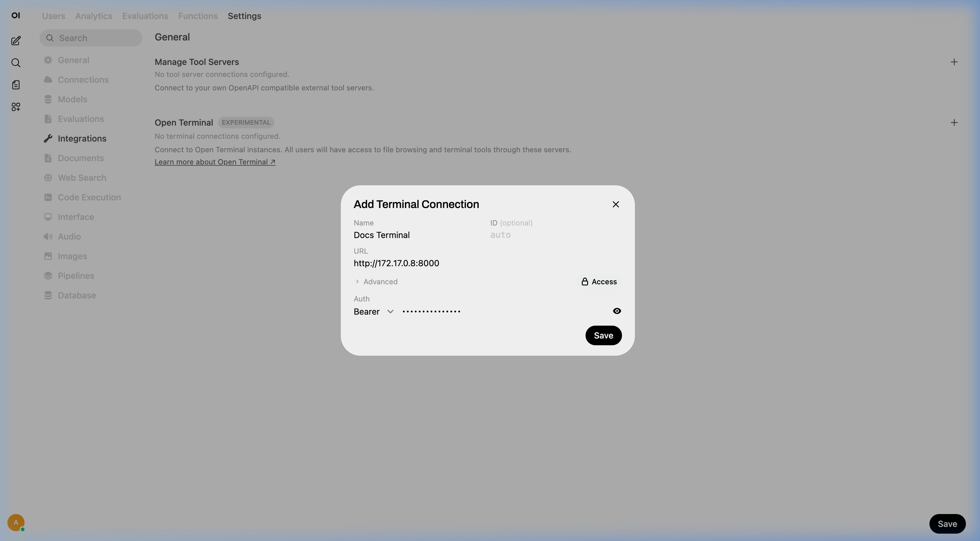 Connection form filled in with URL and API key