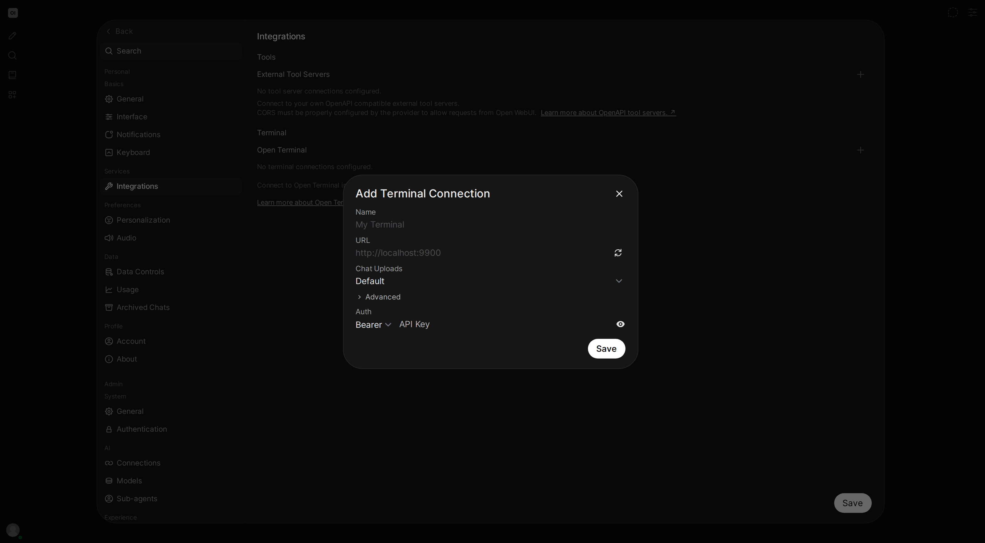 Connection form filled in with URL and API key