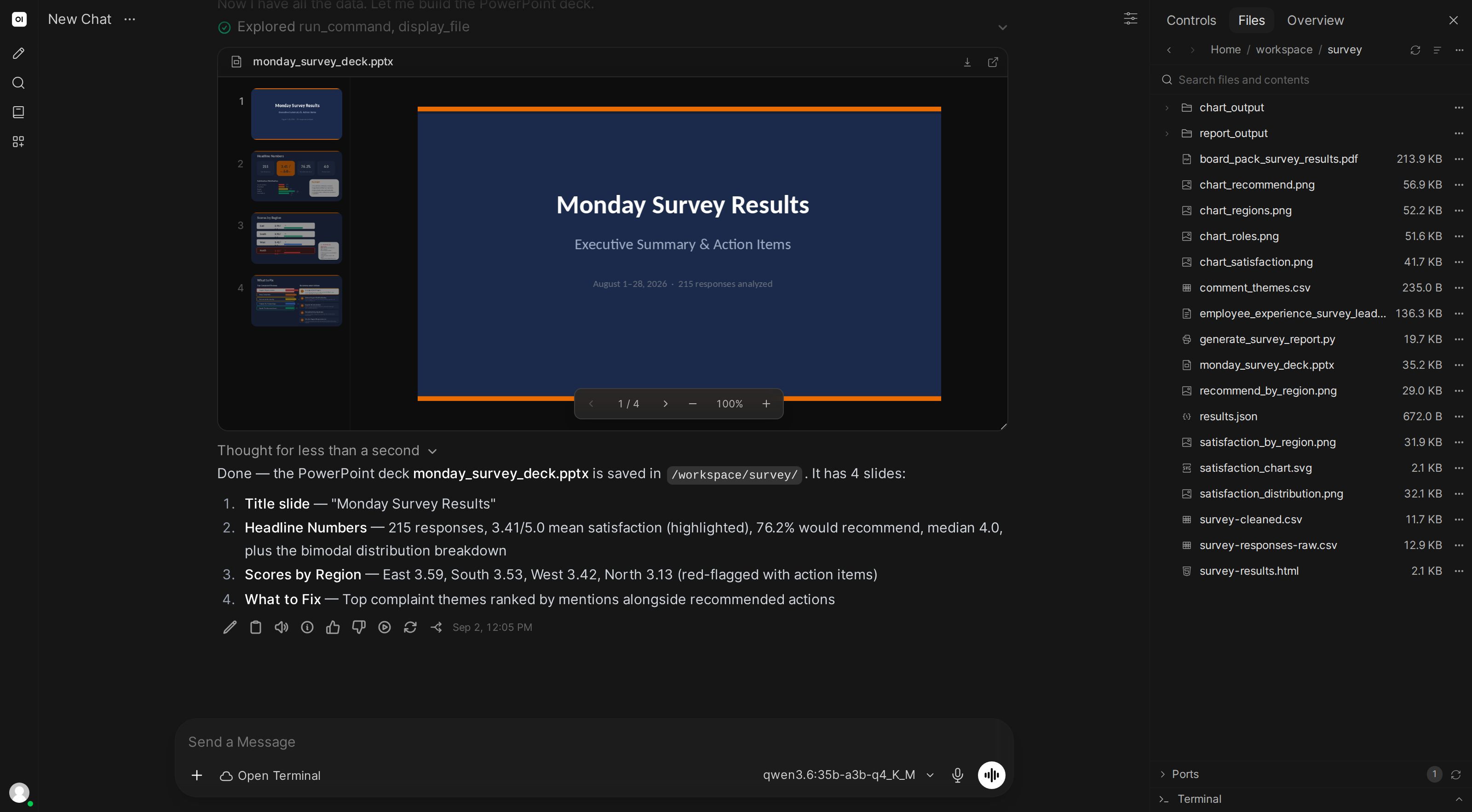 The AI generating a PowerPoint deck and displaying it in the chat