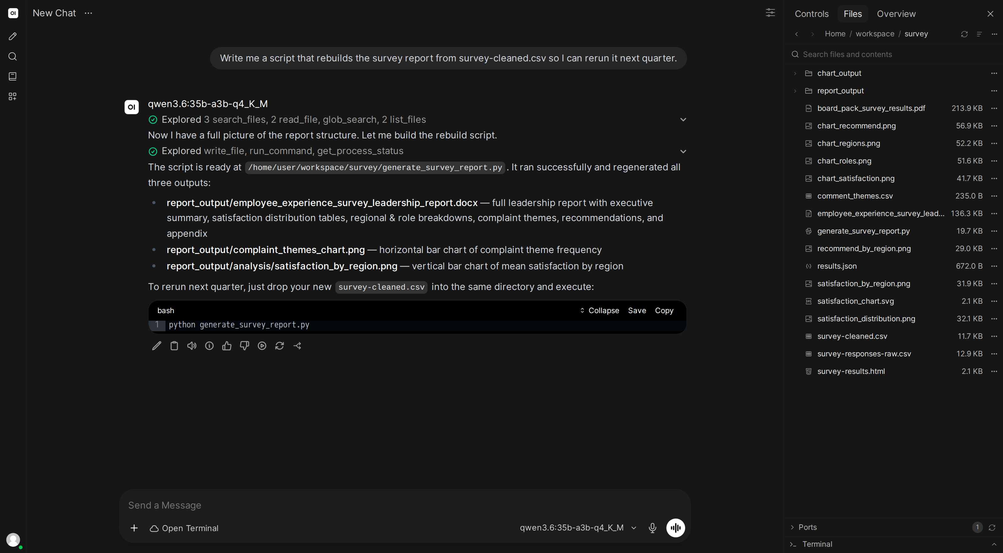 The AI writing a Python script into the workspace