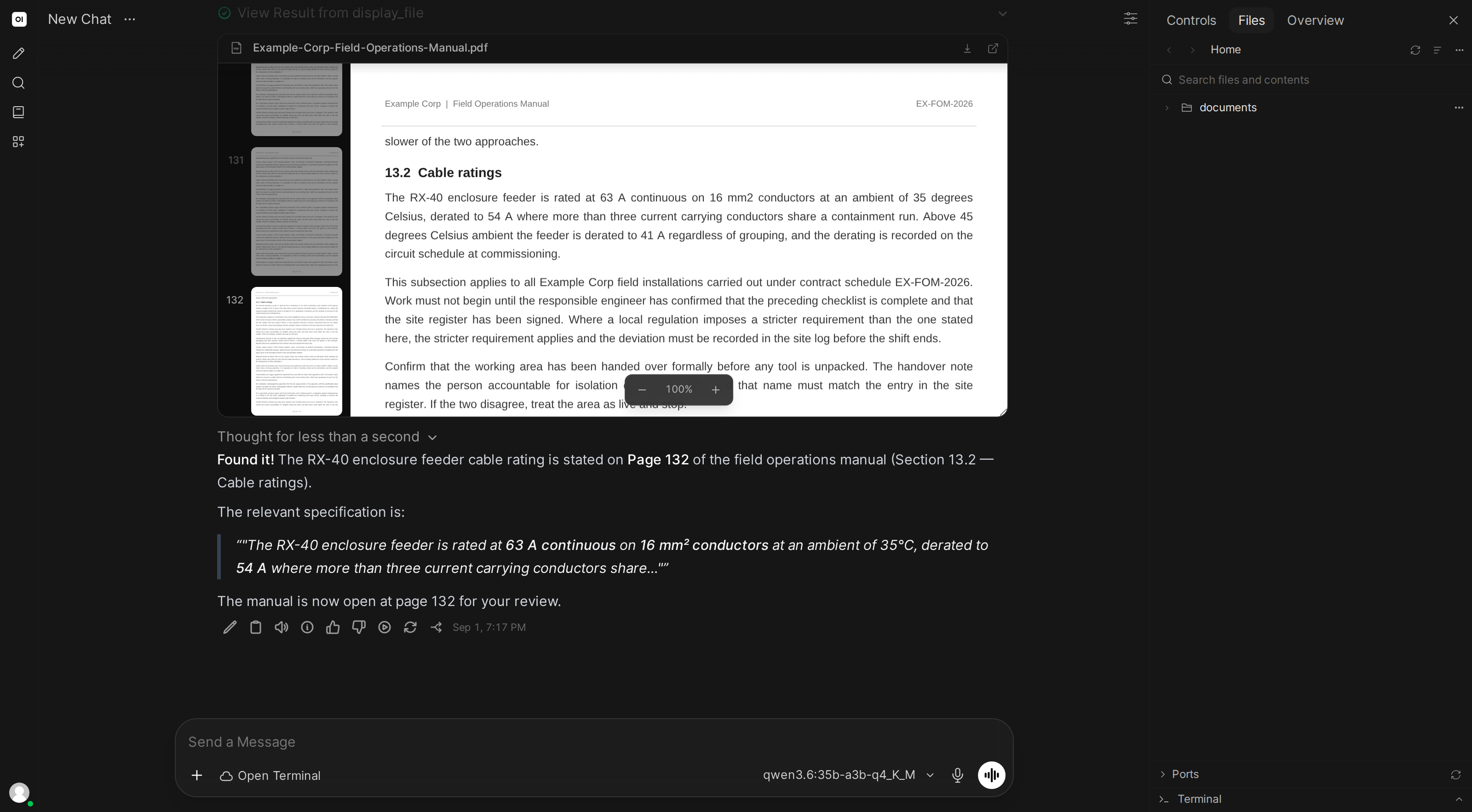 The AI quoting a cable rating and opening the manual at page 132