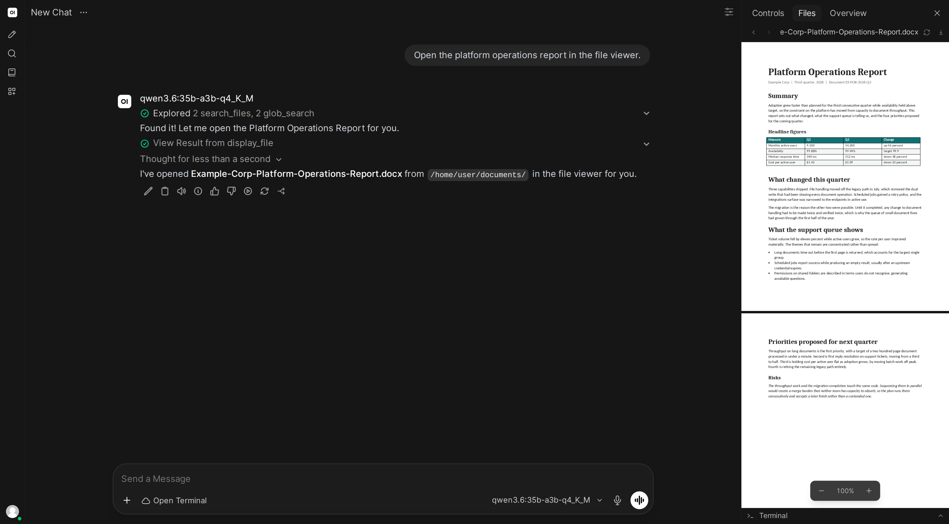 A Word report opened in the file viewer beside the chat